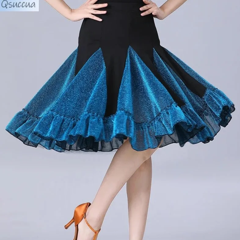 Falda de Baile Latino Falda Femenina Ropa de práctica de Baile for Adultos Falda de Baile Falda Corta Falda de Gran Vuelo(Blueblack,XL)