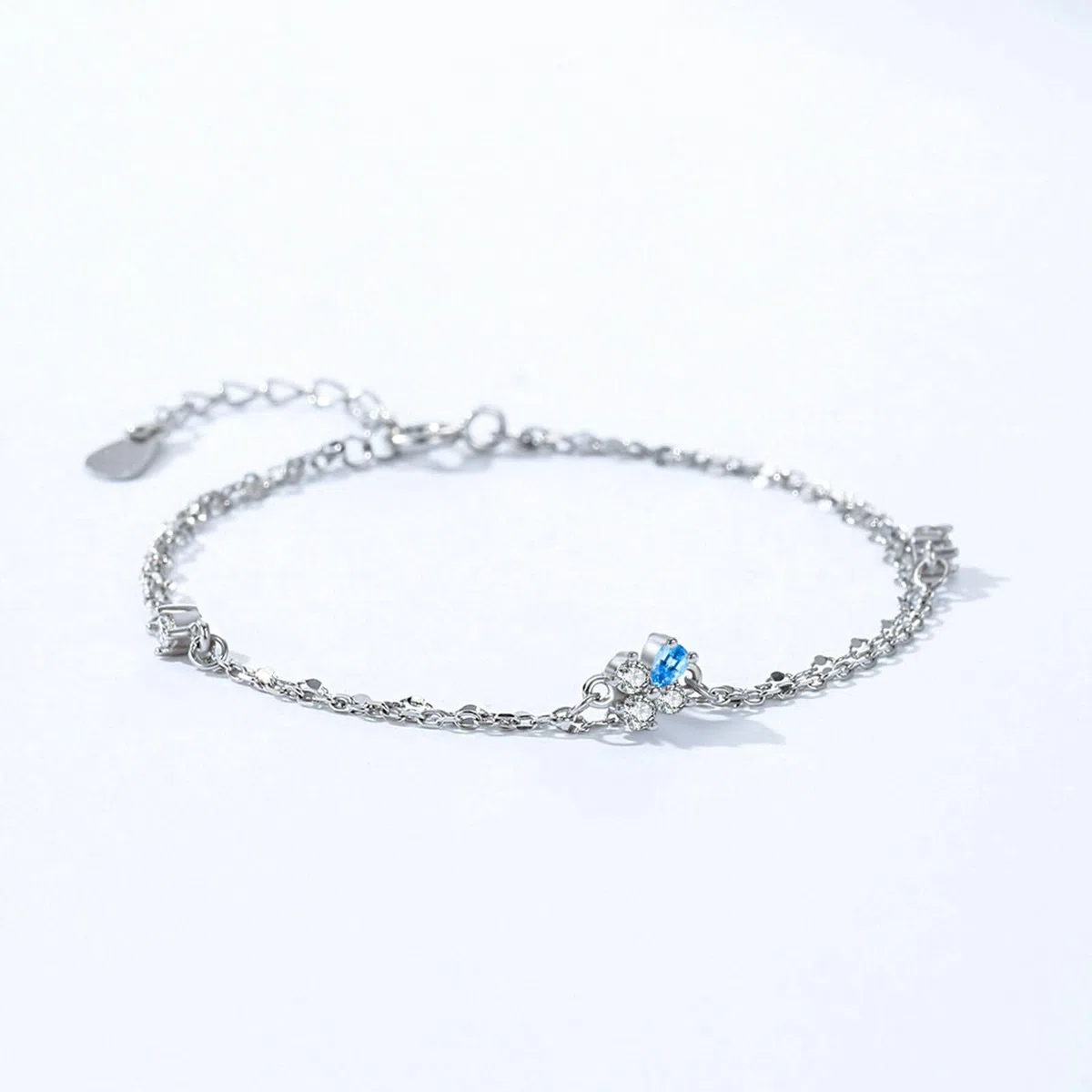 Pulseras de Mujer de Oro Blanco de 9Kilates / 14Kilates / 18Kilates, Cadena Doble Capa con Topacio y Moissanita, Cadena Extensible 16 CM + 5 CM, Pulsera de Plata Azul de Ajustable Mujer