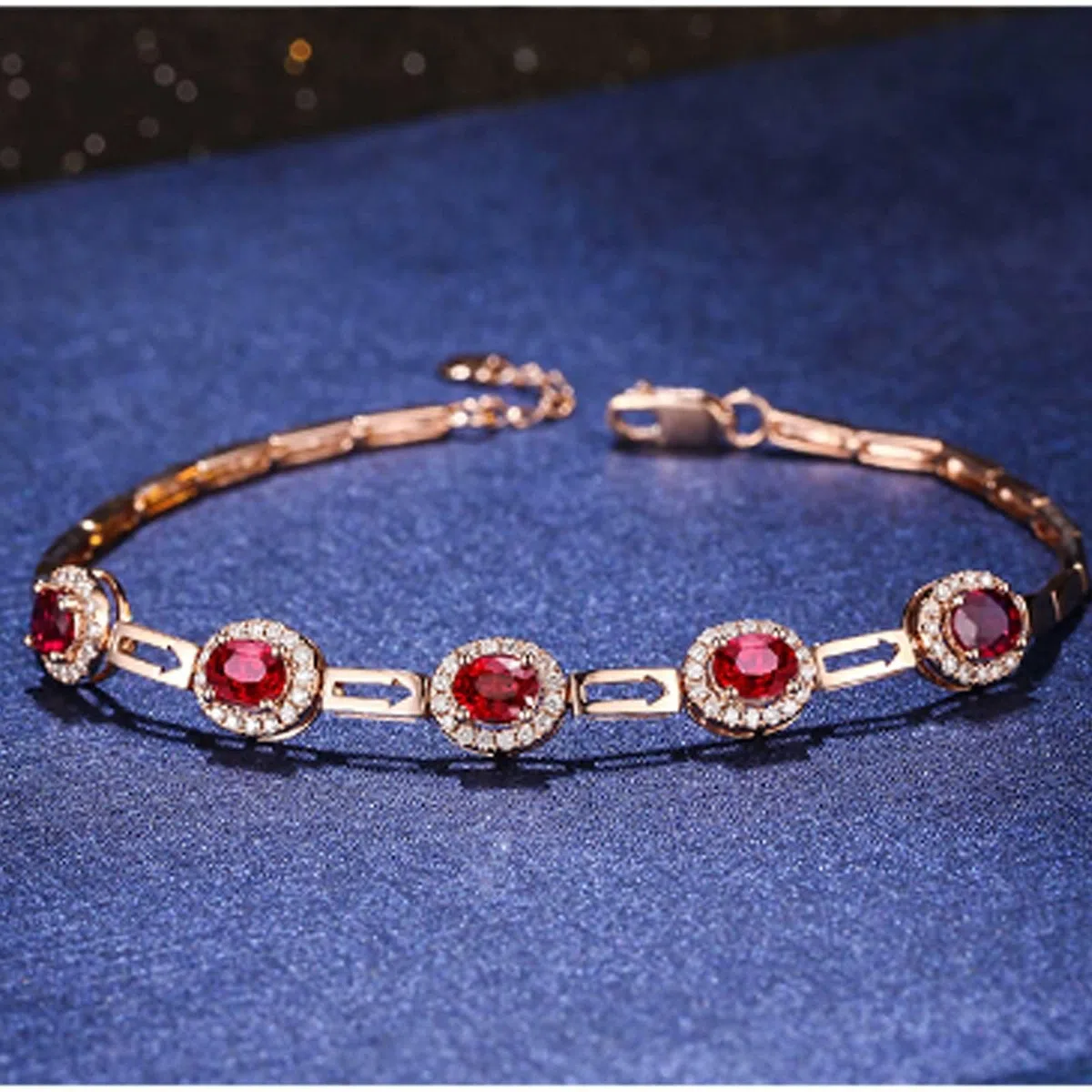 Pulsera para Mujer de Oro Rosa 9 Kilates / 14 Kilates / 18 Kilates, Oval con Rubí y Diamante, Cadena Extensible 16 CM + 5 CM, Pulseras de Oro Rosa de Mujer