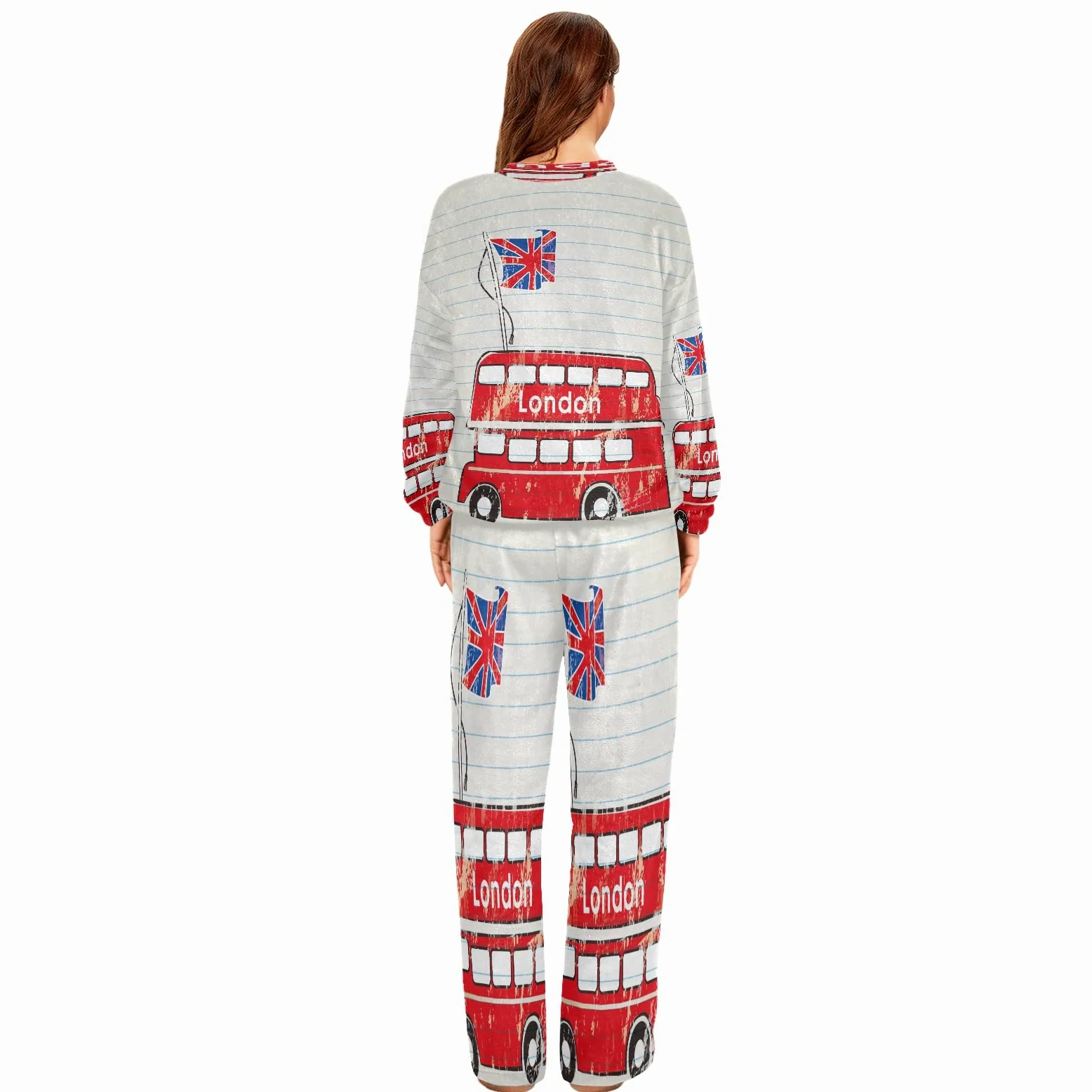 Mnsruu Juego de pijamas de franela con bandera británica de Londres Bus para mujer, 2 piezas, ropa de dormir de manga larga, conjuntos de salón