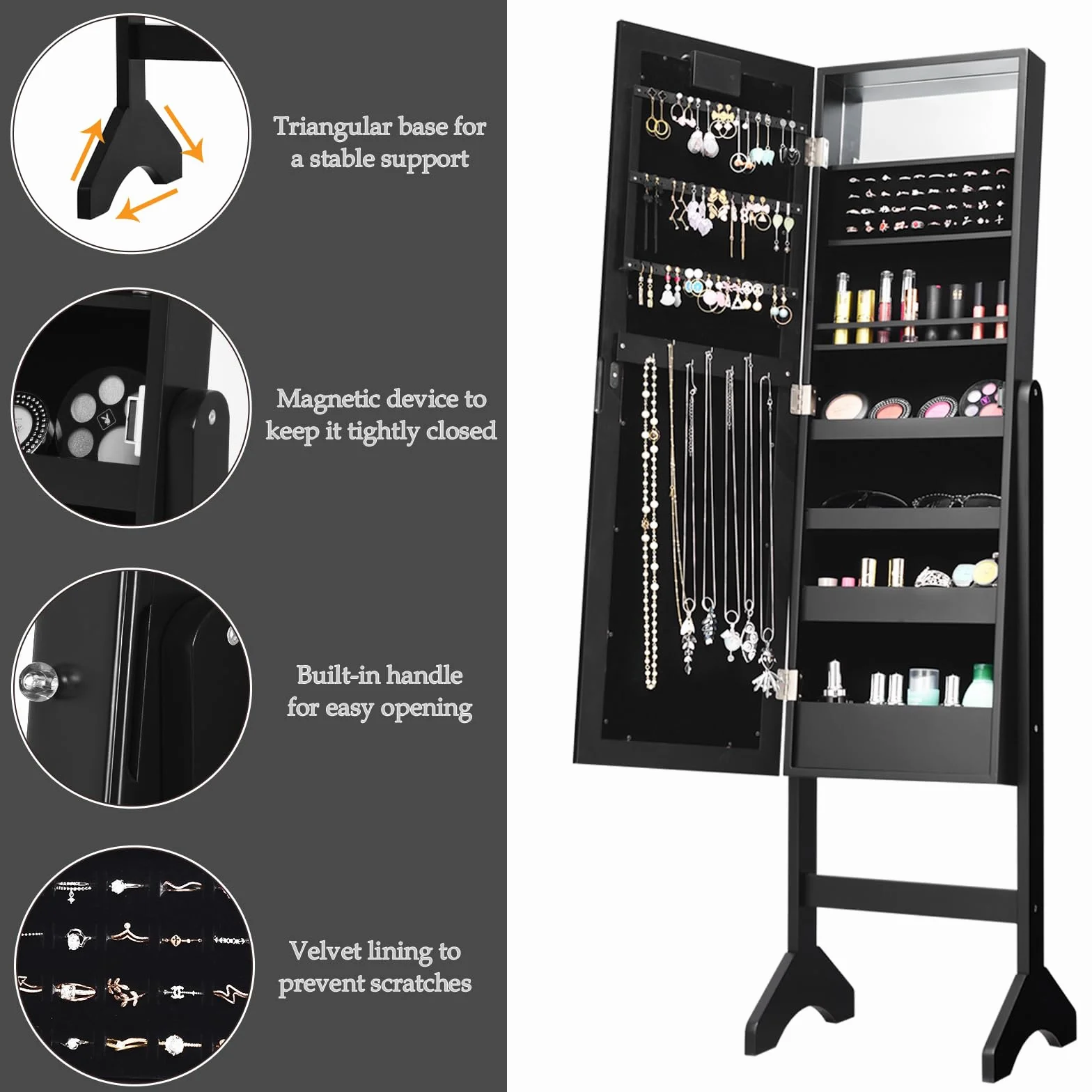 HOMASIS Armario Joyero de Suelo Con Espejo y Luces LED - Contenedor Con Marco para Joyas, Cosméticos - para Cama, Baño (Negro)