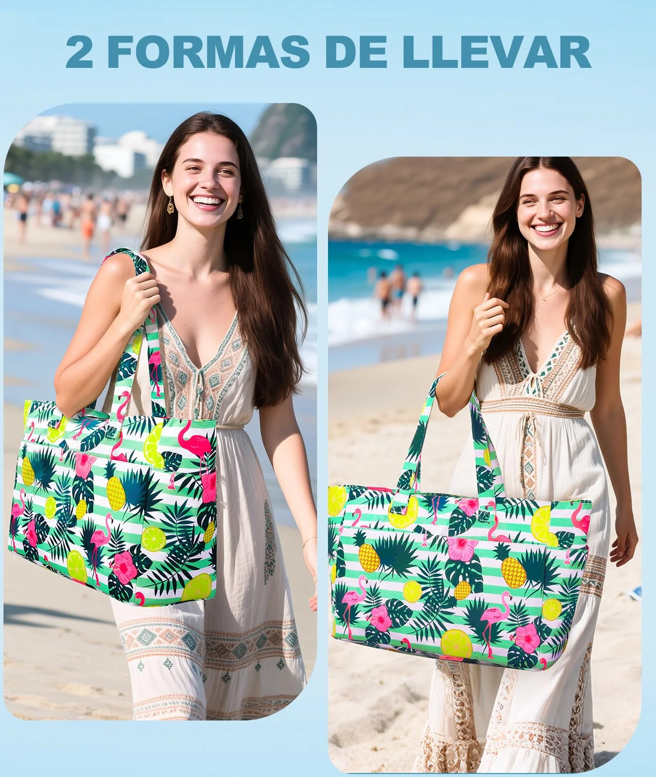ISEYOU Bolsa Playa, Bolso Playa Mujer Impermeable Con Cremallera 45L, Bolsas Grandes XXL Familiar con 8 bolsillos Plegable Para Viajes, Picnic, Vacaciones