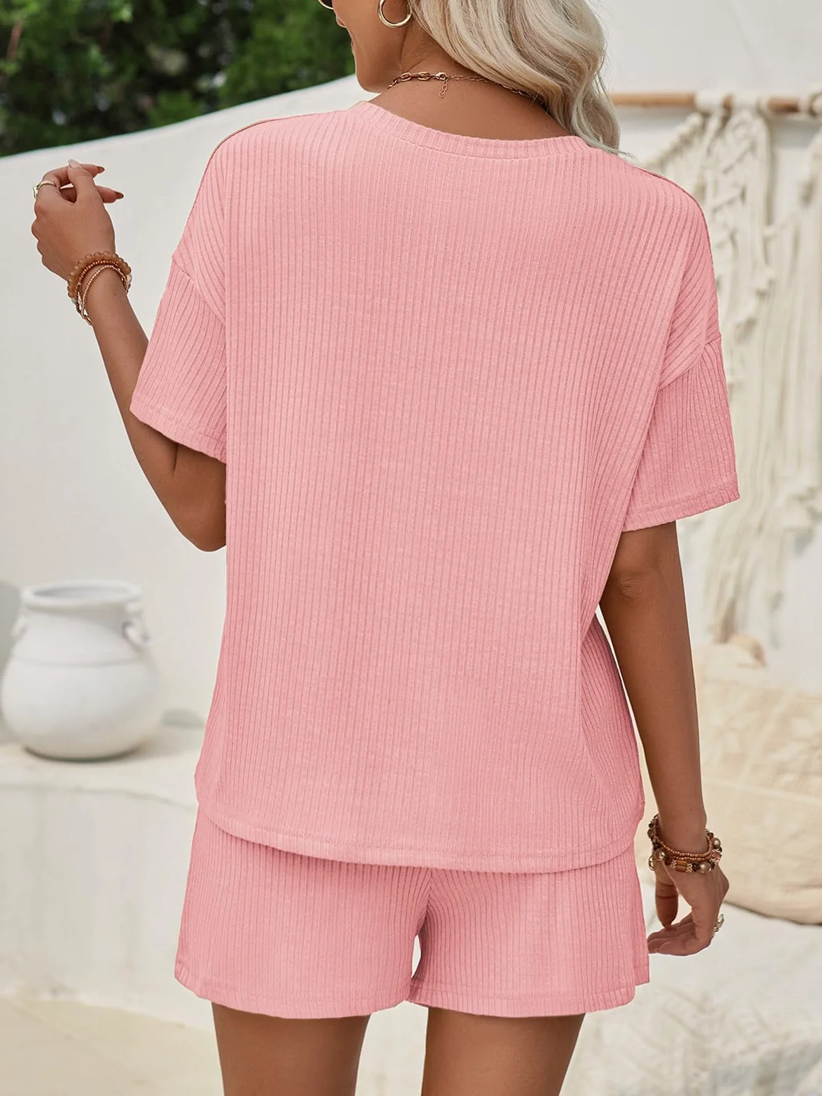 Rayson Chandal Mujer Chándal Completo 2 Piezas Verano Pantalones Cortos con Bolsillos y Cuello Redondo Top