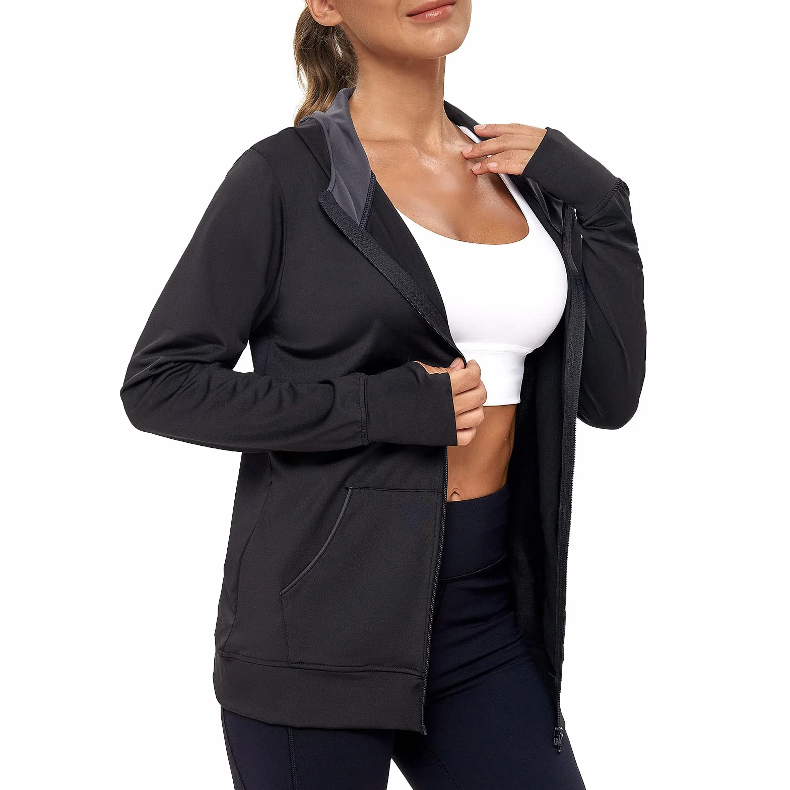 AMZSPORT Chaqueta Deportiva Mujer Sudadera Capucha Running Cremallera Bolsillos