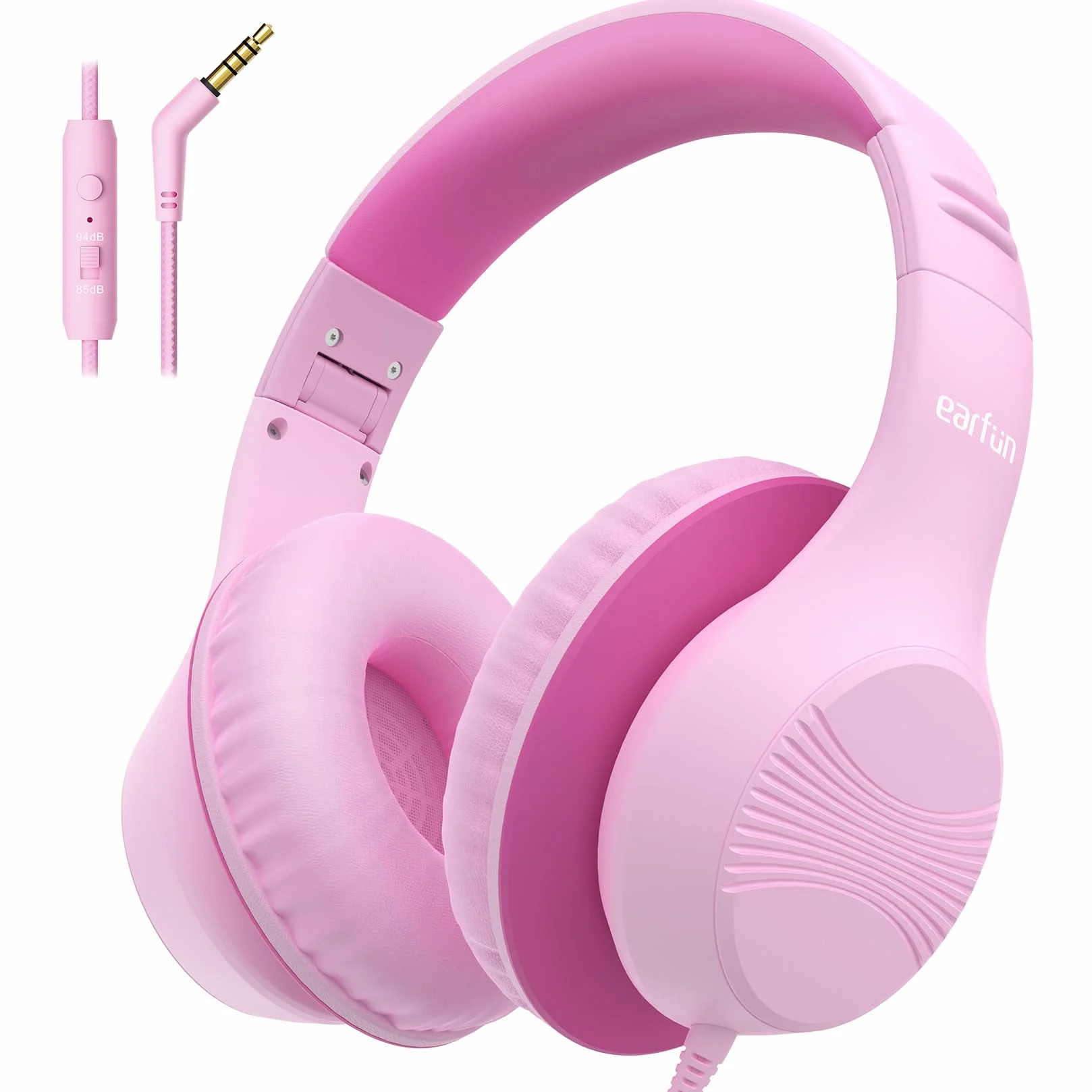 EarFun Auriculares para Niños con Micrófono, Cascos Infantiles con Cable Jack 3,5 mm, Volumen Limitado 85/94 dB, Sonido Estéreo HD, Diadema Plegable para Pad, Tabletas, La Escuela, Rosa