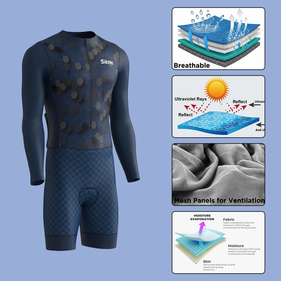 Sikma Traje de ciclismo para hombre, manga completa, acolchado de gel, aerodinámico, trisuit, triatlón sublimado