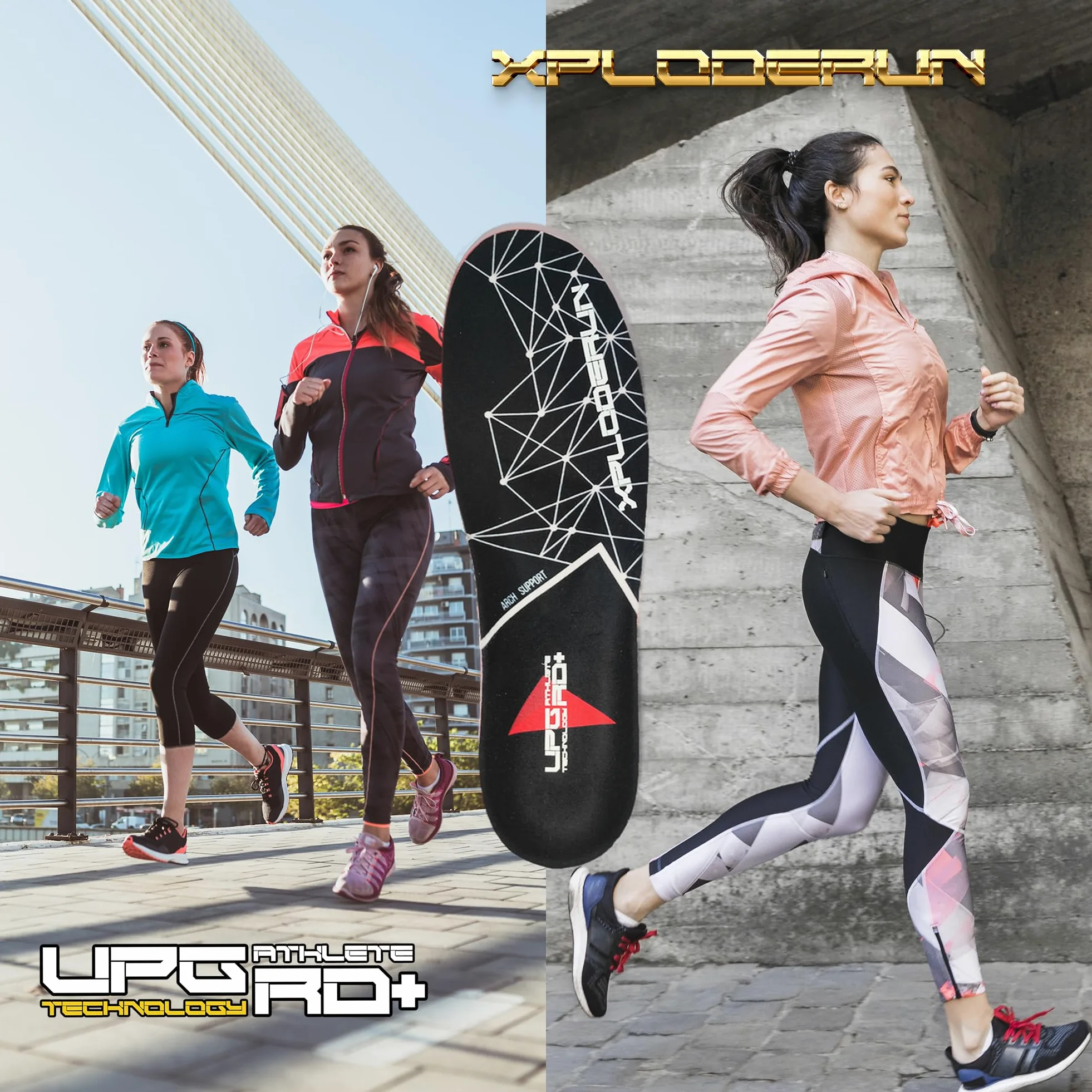 Plantillas ortopédicas de carrera profesionales XplodeRun con tecnología FlexRun, revestimiento superior de terciopelo antiolor, gel Soft Pad (par)