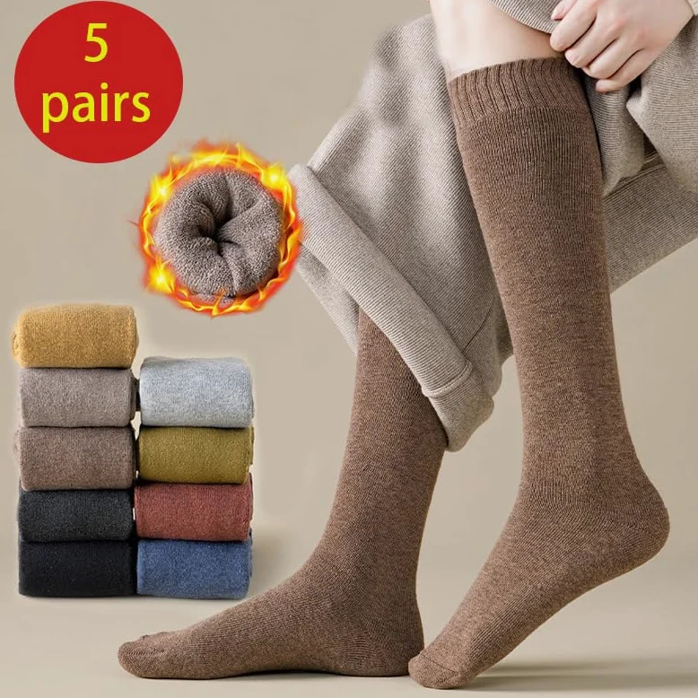 5 pares de calcetines cálidos de invierno for mujer, de color liso, transpirables y gruesos, hasta la rodilla, de algodón, informales.