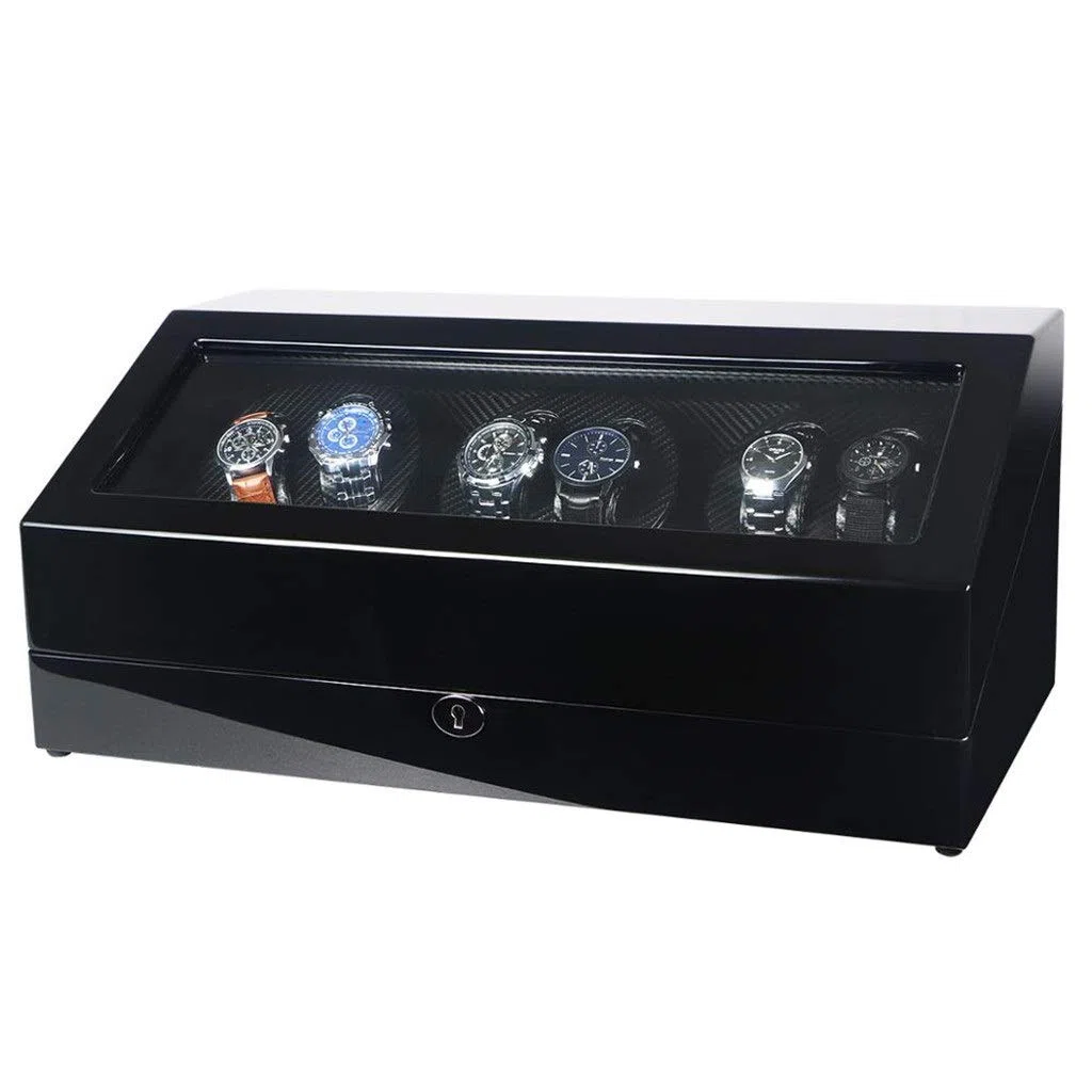 Caja automática para 6 + 7 relojes de piel sintética, colección de almacenamiento con pantalla silenciosa, motor silencioso con luz LED