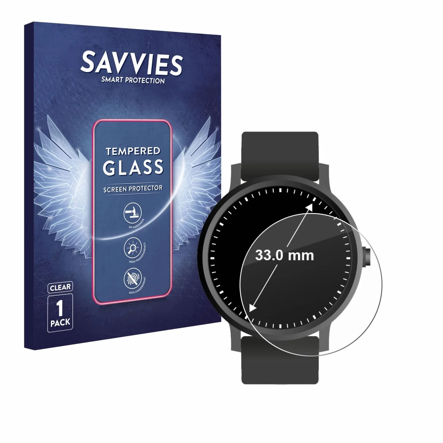 savvies Protector Cristal Templado para Relojes (Circular, ø: 33 mm) Protector Pantalla Vidrio, Protección 9H, Pelicula Anti-Huellas