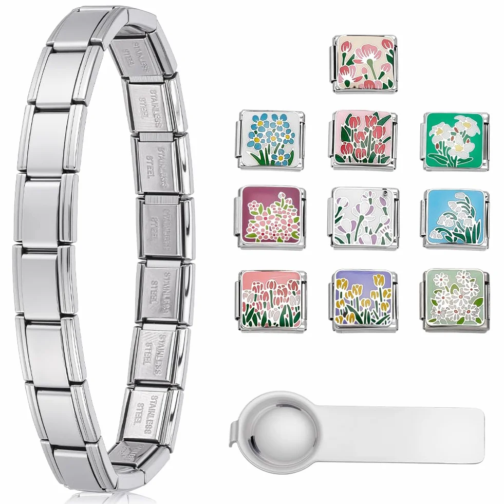 WEBEEDY Pulsera italiana de acero inoxidable ajustable DIY Modular Charm pulsera con colgantes y herramienta de apertura, eslabón italiano modular para mujeres hombres plata