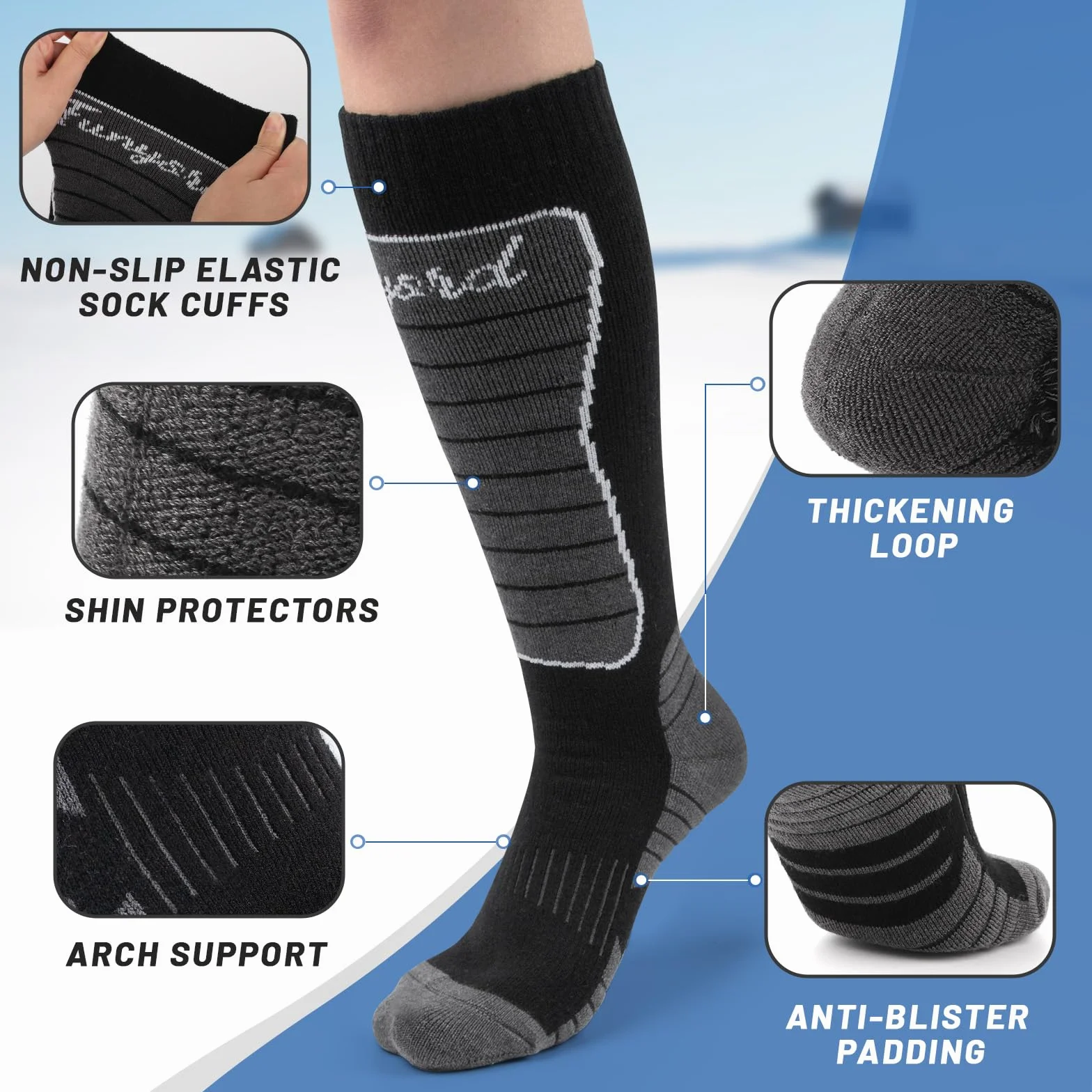 2 Pares Calcetines Esqui Lana Merino, Calcetines de Esquí Hombre para Esquiar, Snowboard y Deportes de Invierno al Aire Libre