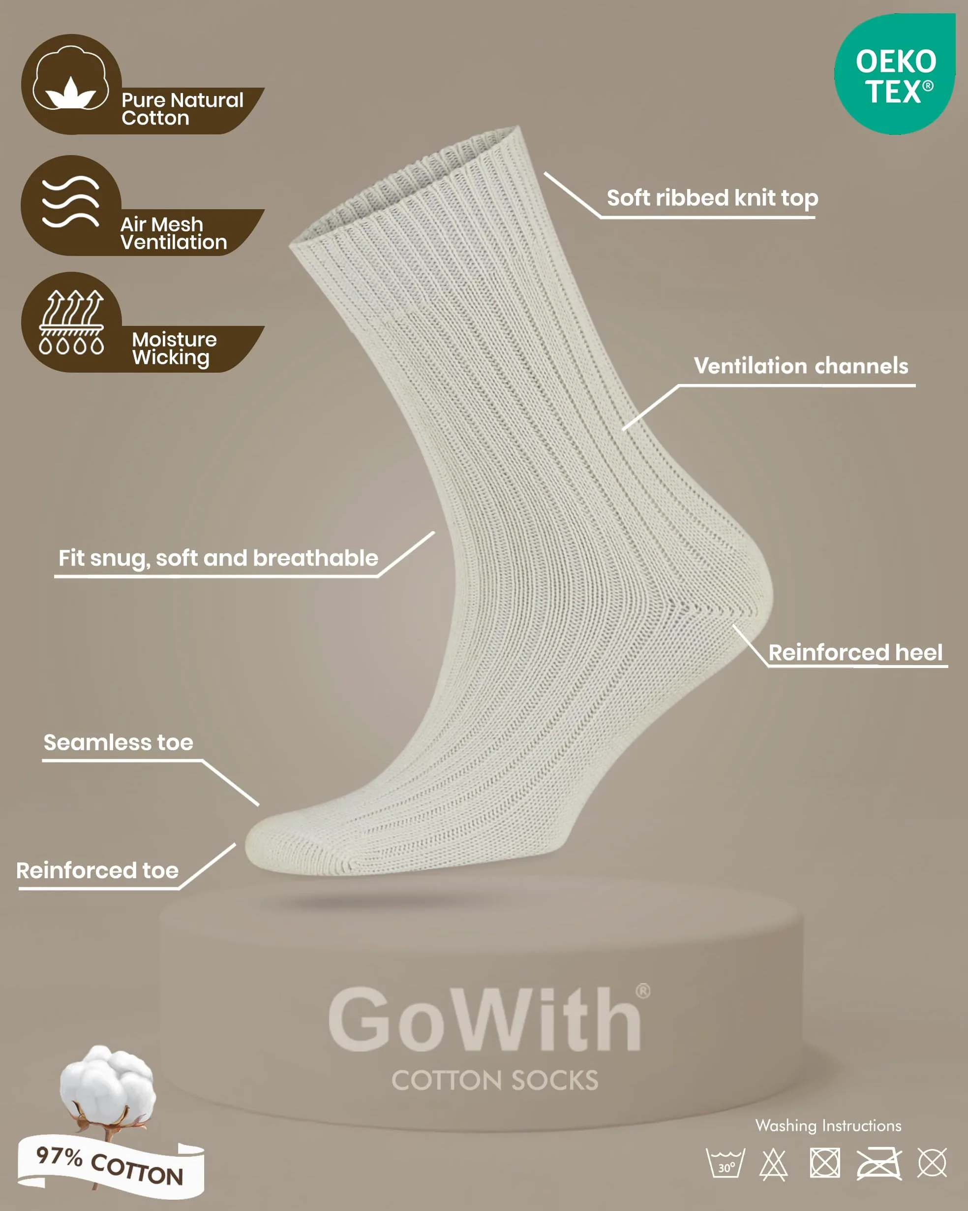 GoWith 4-5 pares de calcetines unisex naturales de 97% algodón, cómodos, acogedores, transpirables, sin costuras, casuales, para hombres y mujeres