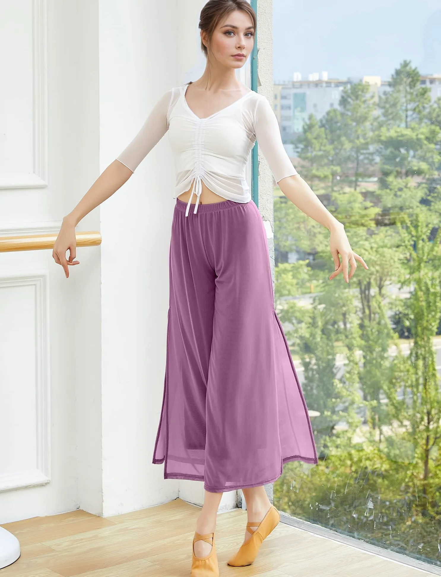 SEAUR Pantalones palazzo fluidos para mujer con abertura lateral, cintura elástica para baile lírico, disfraz clásico contemporáneo