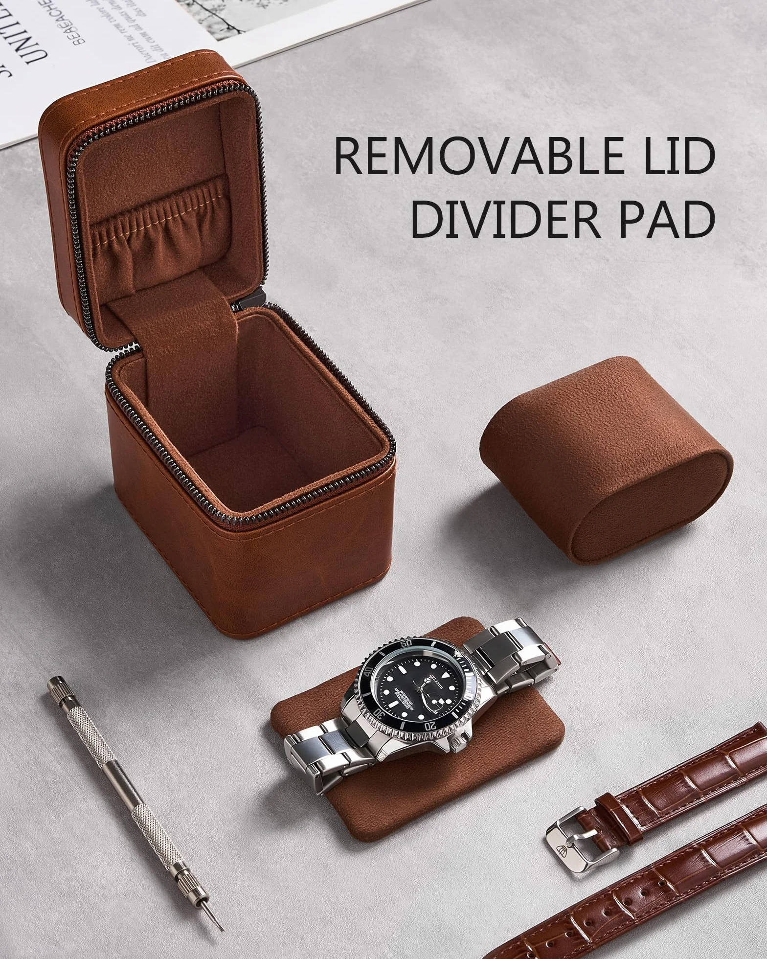 ProCase Estuche de Viaje para 1 Relojes, Caja para Relojes con Funda de PU Cuero y Acolchado Suave, Estuche Compacto para Relojes de Lujo y Smartwatches de Hasta 55 mm –Marrón