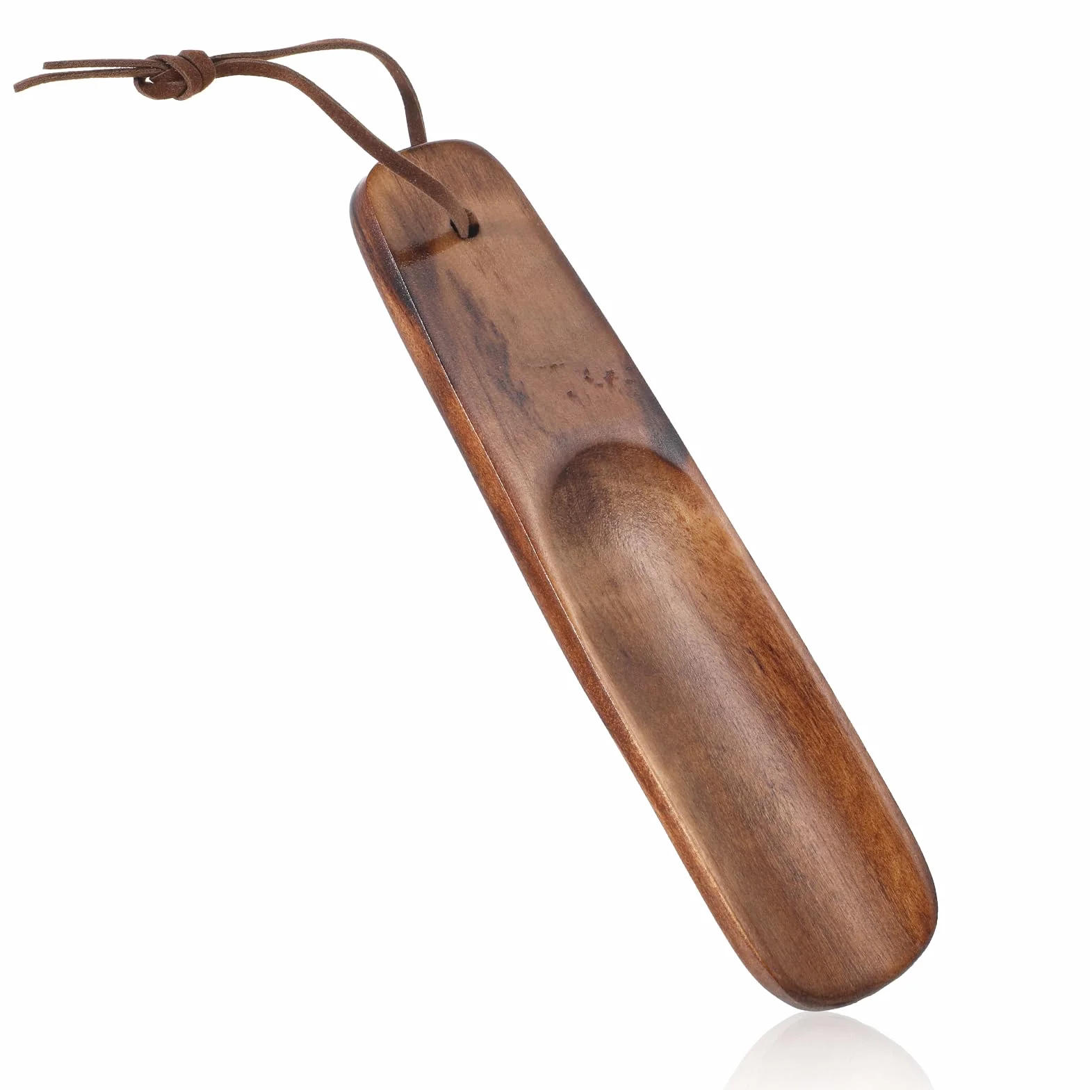 Calzador de madera pequeño, calzador de zapatos, color marrón, con cuerda colgante