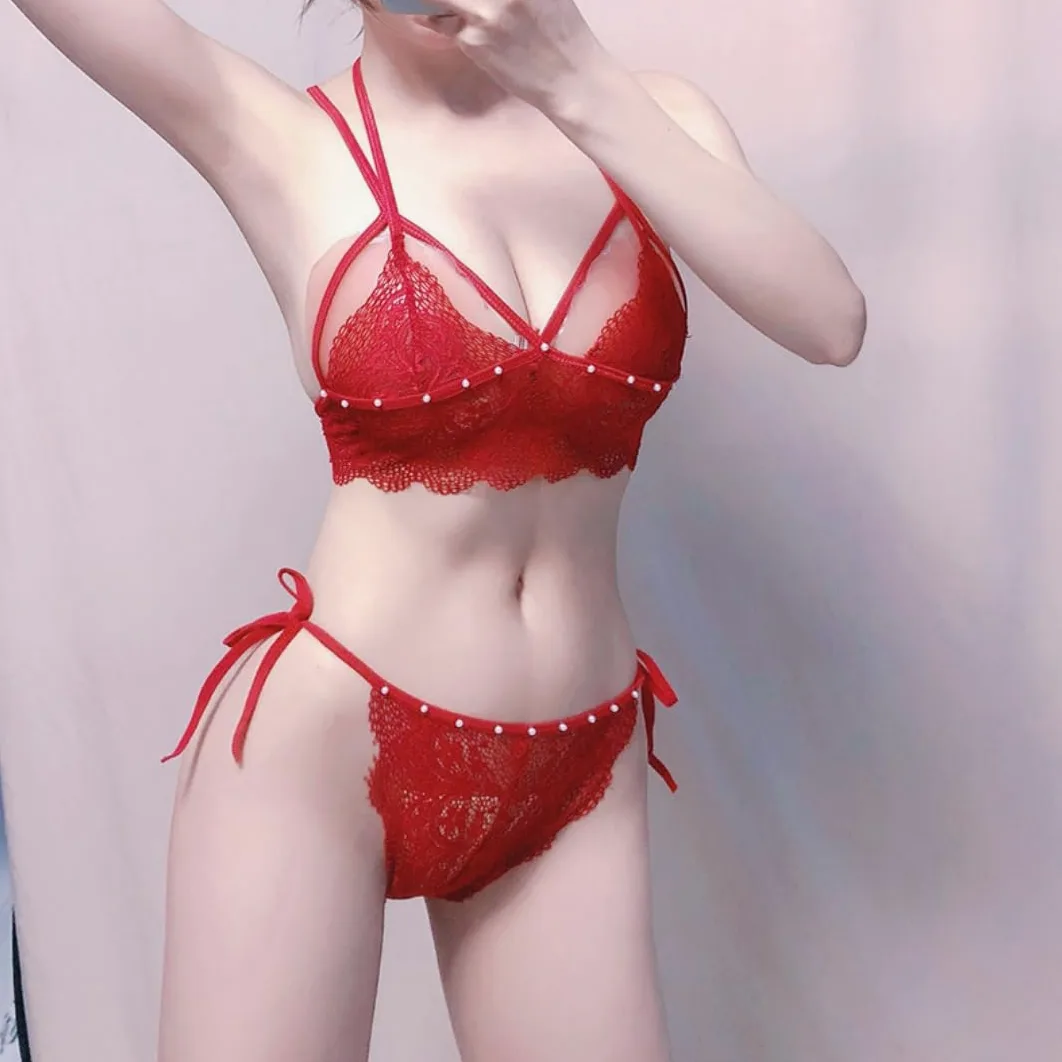 QHQQXN Conjuntos de lencería de Encaje con Tiras, Sujetador y Bragas con Cuello Haler, Ropa Interior Bordada Push-up, Ropa de Dormir, Bralette con Tanga, 2 Piezas