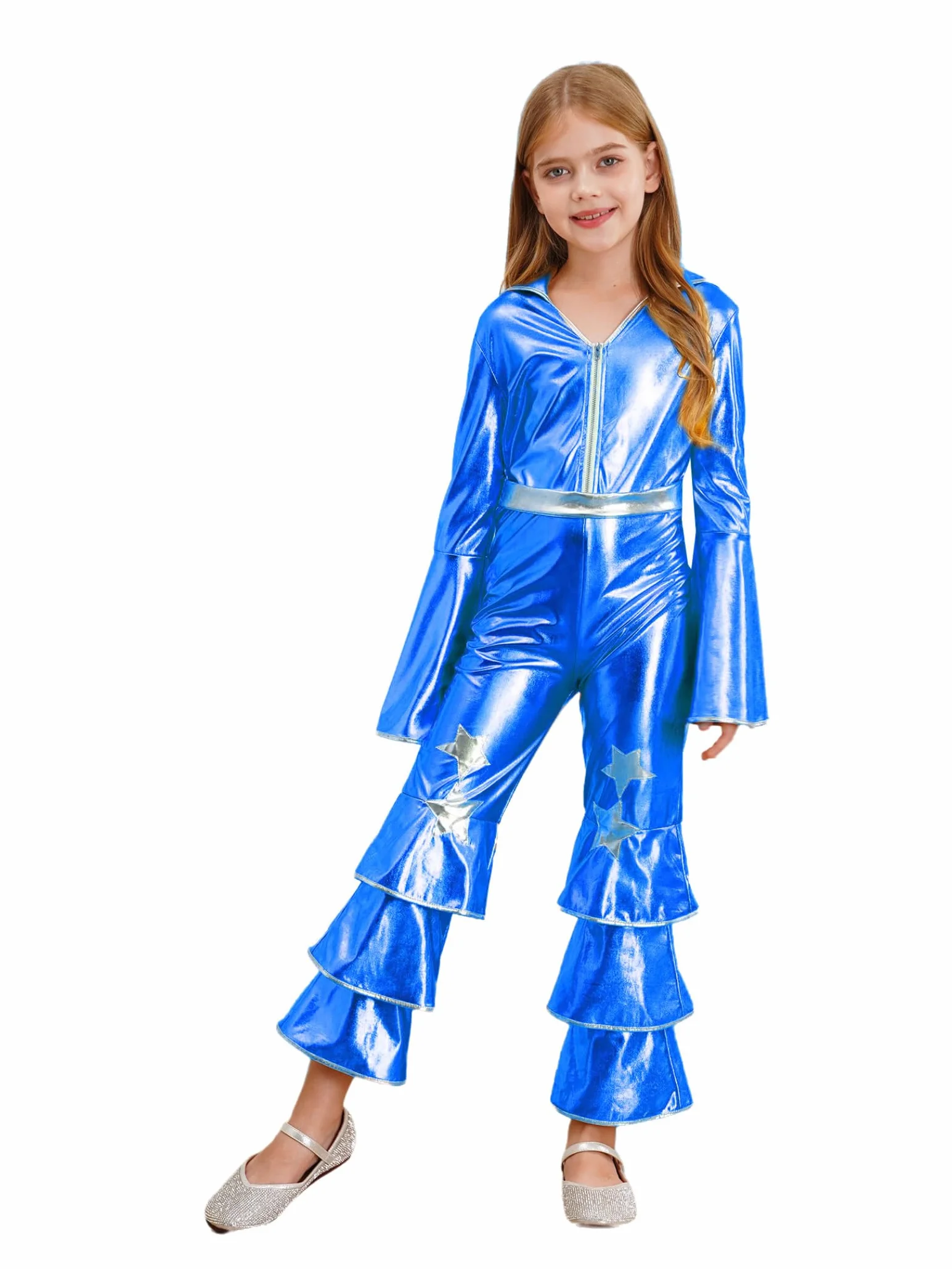 Traje De Baile Metálico Para Niñas Mono Con Volantes Disfraz De Discoteca Traje Completo Manga Larga Vestuario Baile Los Años 70 Para Actuación