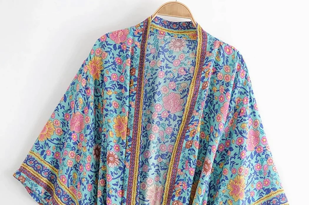 Disimlarl Bata kimono bohemio con estampado floral para mujer, manga de murciélago, para playa, fajas de rayón, verano, bikini, para ropa de playa