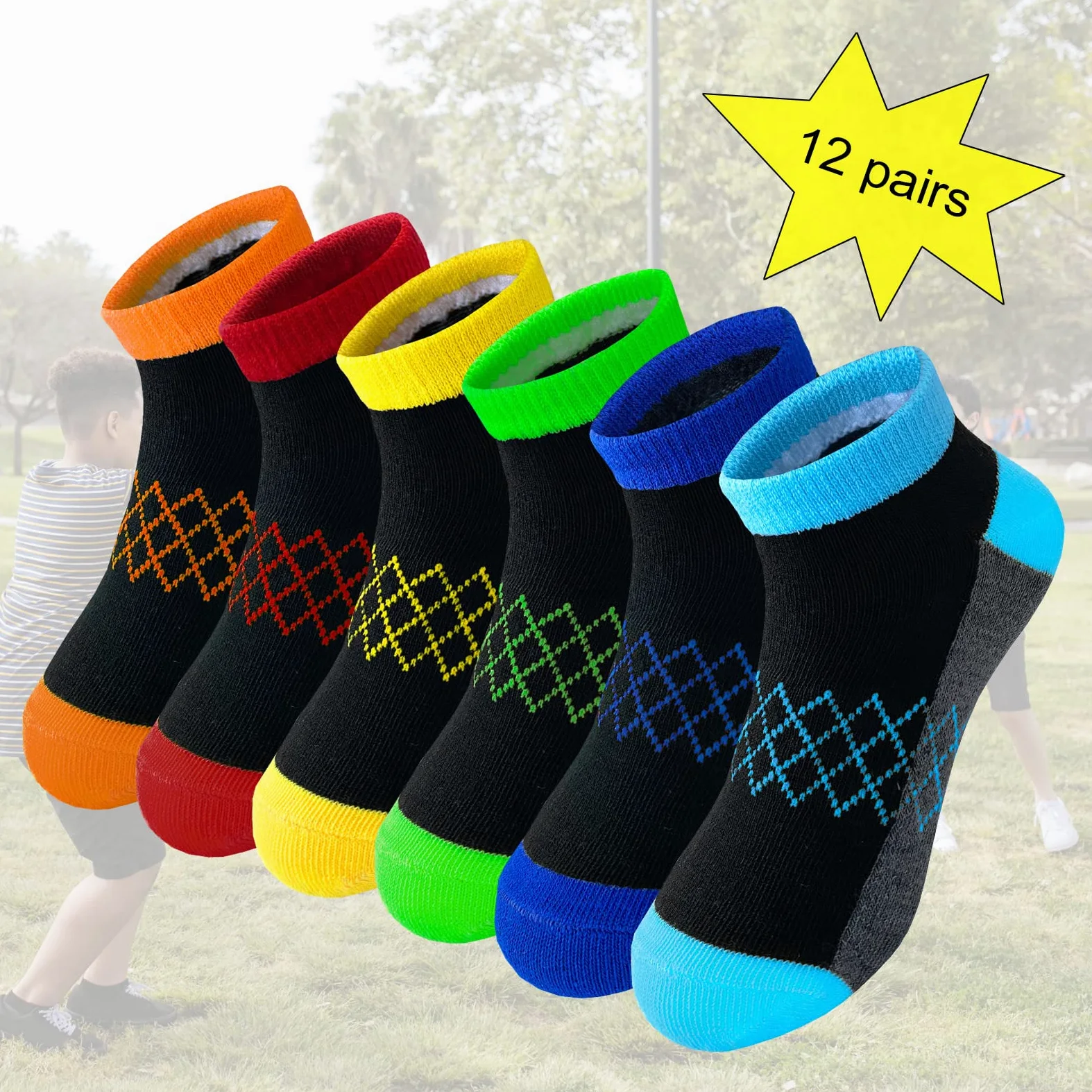 12 pares de calcetines de algodón atléticos de corte bajo para niños pequeños y grandes de 3 a 10 años