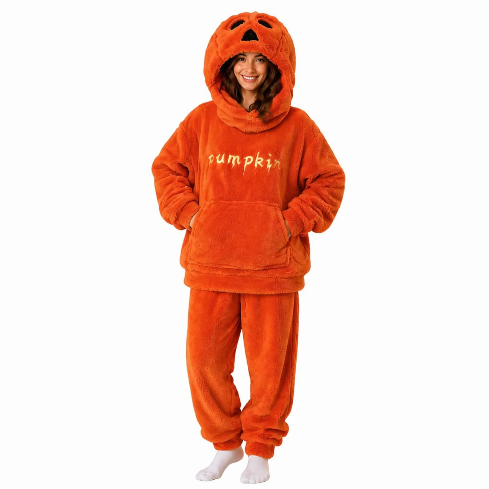 Conjunto de pijama para mujer, talla grande, disfraz para mujer, Halloween | Conjunto Oversize con diseño de calabaza casual para disfraz de Halloween Chic y Elegant Pijama polar térmico