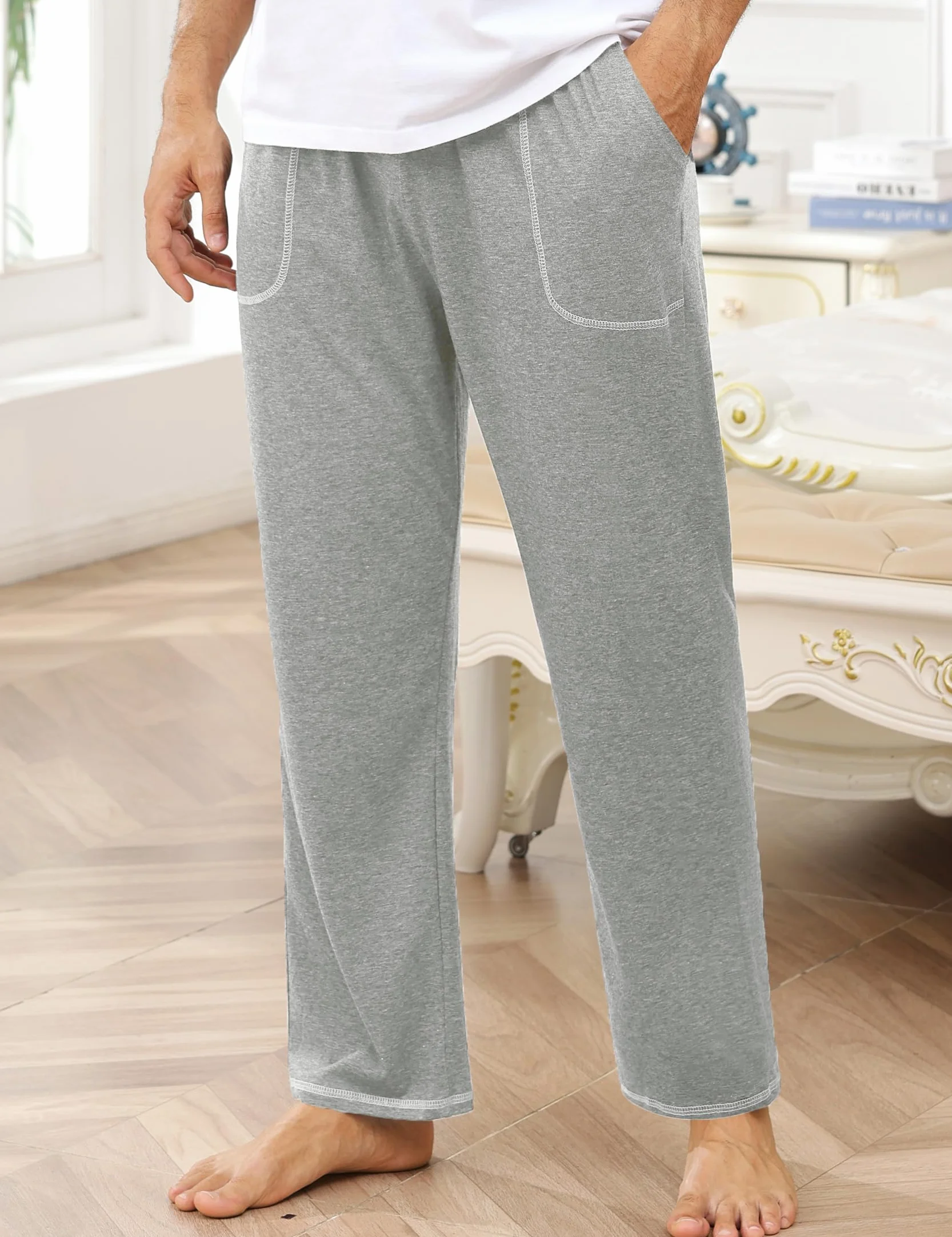 Pantalón de Pijama para Hombre Largo Algodón Pantalones Casuales Pantalón de Dormir Color Sólido Pantalon Pijama Hombre con Bolsillos y Cintura Elástica