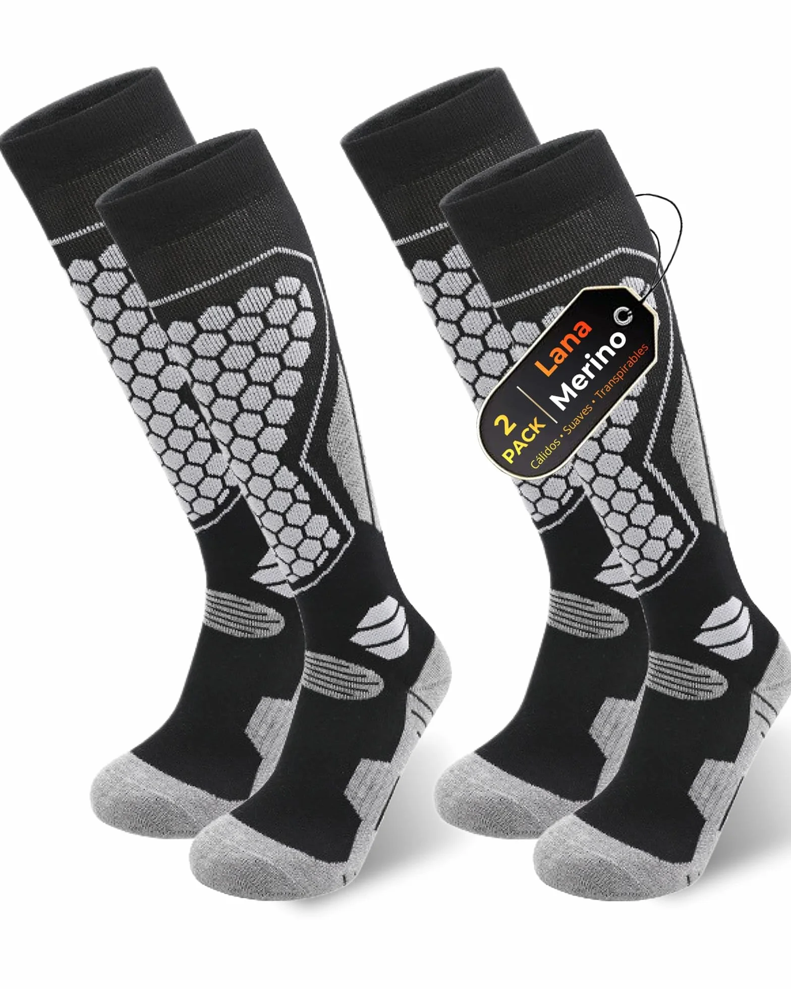 Calcetines de Esquí Lana Merino Térmicos – 2 Pares Calcetines Altos para Hombre y Mujer, Cálidos, Transpirables e Imbottados para Nieve, Snowboard y Invierno