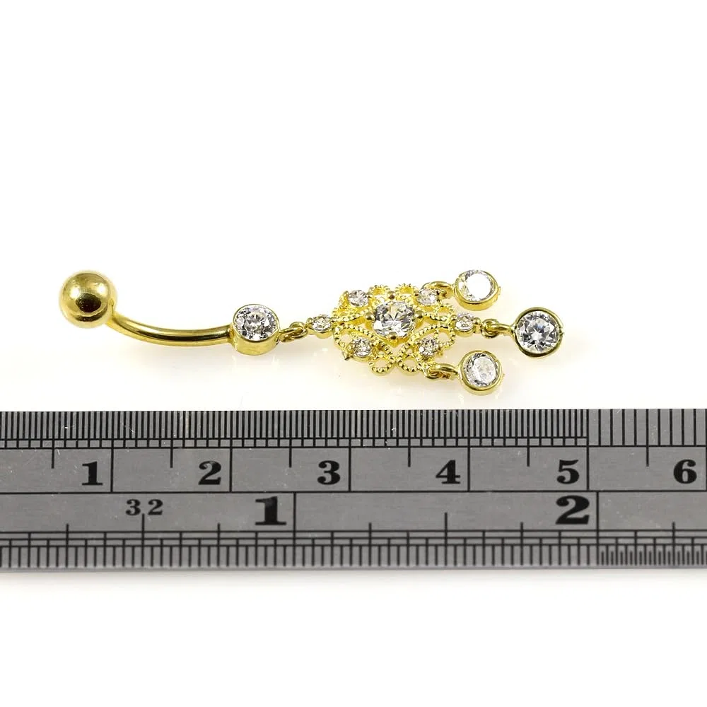 Piercing para el ombligo de oro amarillo macizo de 14 quilates con piedra de circonia cúbica, diseño floral, joyería de ombligo de 14 quilates, calibre 14, 14 Gauge - 12mm Length,