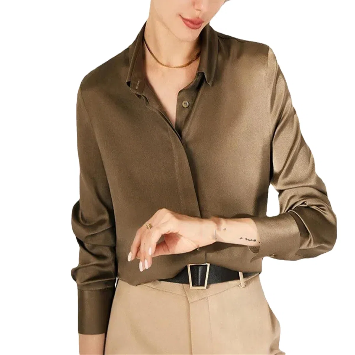 Vogrtcc Blusa de seda para mujer con encaje cosido de manga larga para oficina