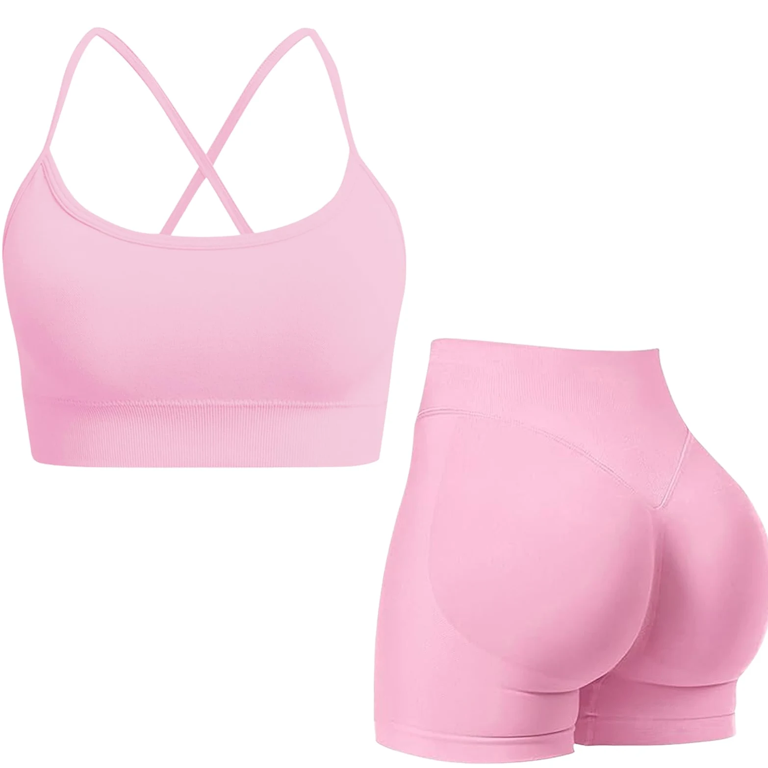 Conjunto de entrenamiento de gimnasio para mujer, 2 piezas, sin costuras, tirantes cruzados, brasier deportivo oculto, pantalones cortos fruncidos, trajes de yoga, ropa deportiva