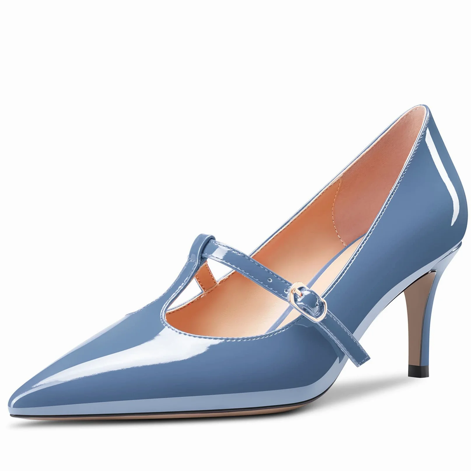 Aachcol Mujer Aguja Medio Bajos Heel Pumps T-Strap Slip-on Puntiaguada Punta Dress Zapatos Oficina Fiesta de Boda Charol 6.5 CM
