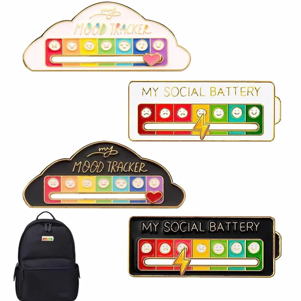 4 pines de estado de ánimo, insignias de batería social, pin esmaltado, divertido broche de batería social, divertido broche de estado de ánimo social para 7 días, lindo broche de expresión
