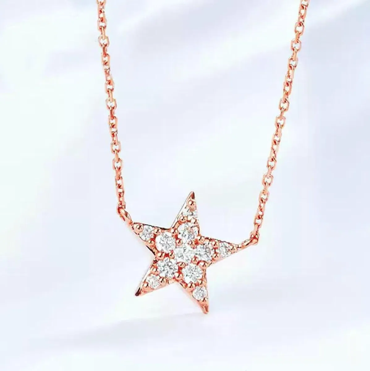 Collar largo con colgante de estrella con diamante de 0,12 quilates, oro rosa de 9/14/18 quilates, 45 cm