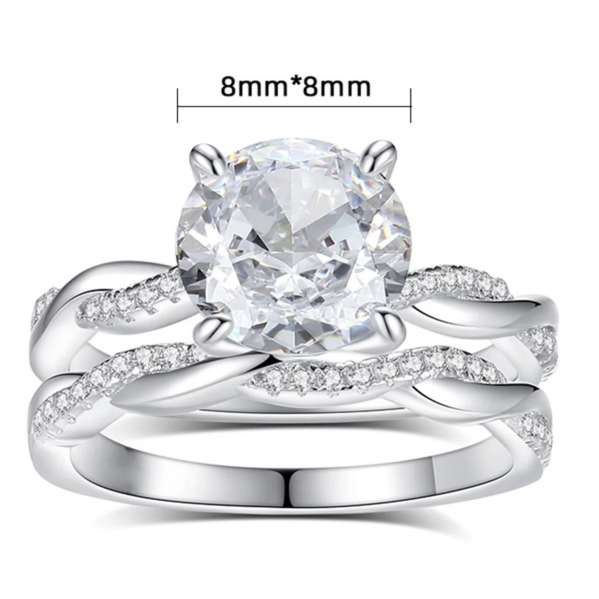 Anillo de oro blanco para mujer, anillo de compromiso, oro auténtico, moissanite, 2 quilates, apilable, juego de 2 anillos de oro para mujeres
