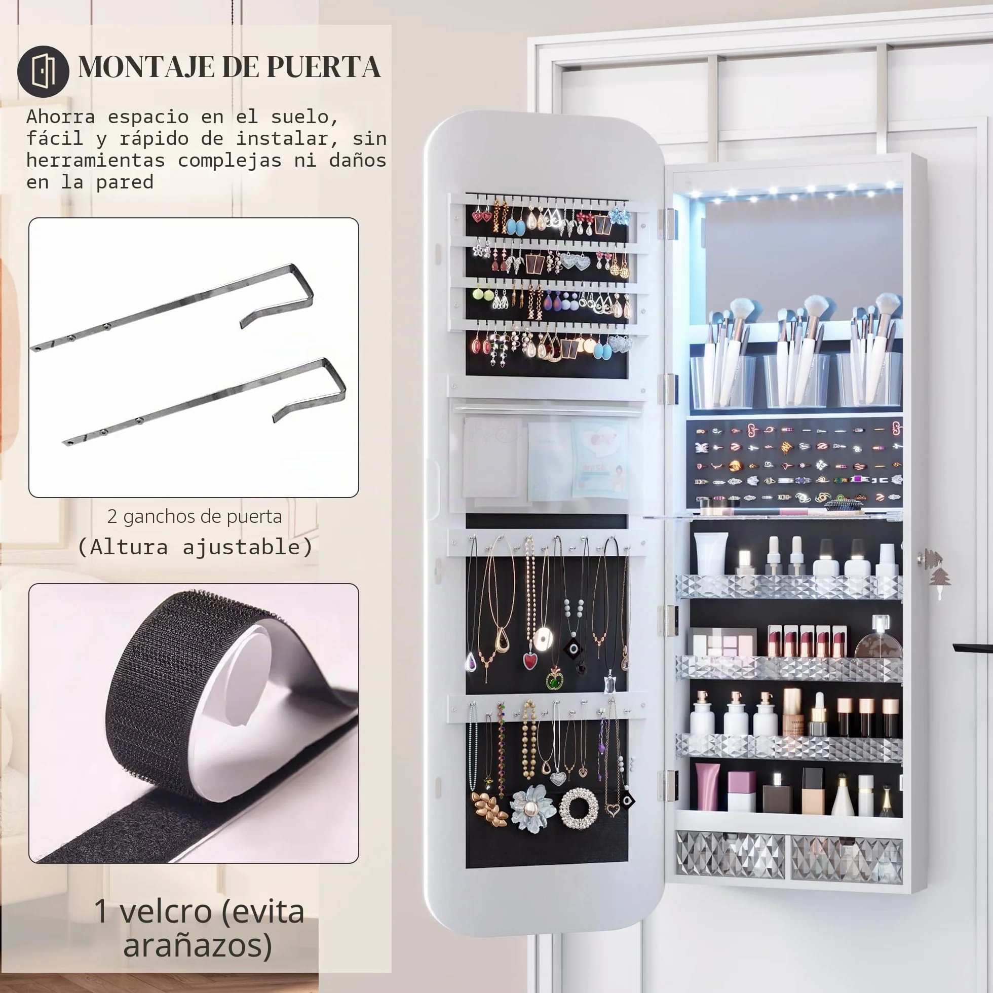 Vlsrka Oval Armario Joyero con Luz, LED Armario Espejo Joyero de pared, Espejo joyeros de puerta con Cerradura, Armario Espejo colgante Con luces, Ovalado Espejo joyeros, Regalo mujere, Blanco