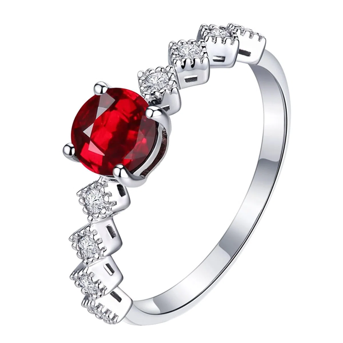 Anillos Alianza Oro Blanco 9 Kilates / 14 Kilates / 18 Kilates de Mujer, Rombo y Redondo con Rubí de 0,5ct y Diamante, Anillos de Alianzas Mujer Plata Rojo