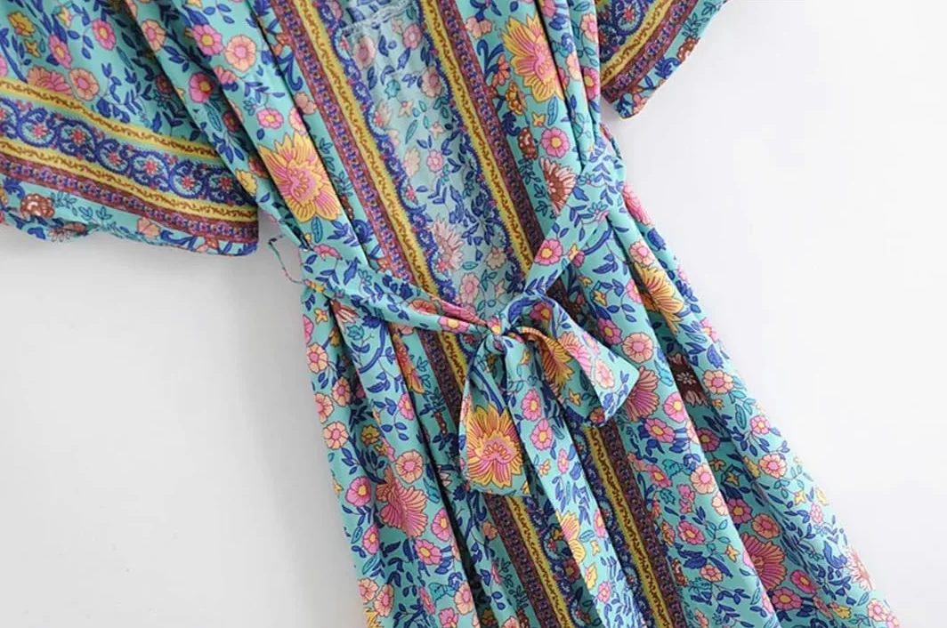 Disimlarl Bata kimono bohemio con estampado floral para mujer, manga de murciélago, para playa, fajas de rayón, verano, bikini, para ropa de playa