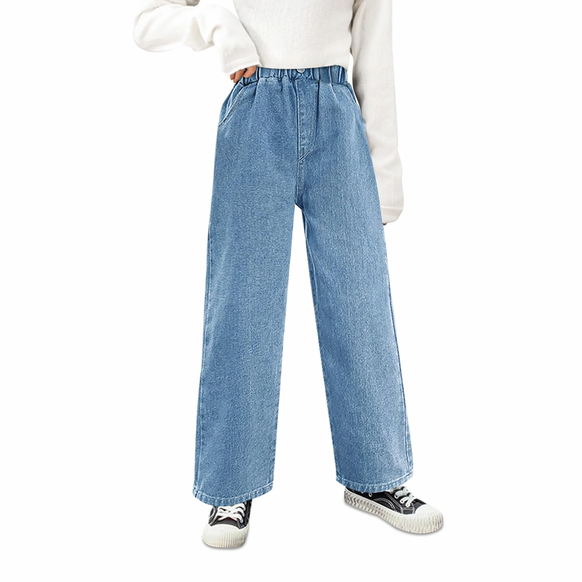 Jeans para Niñas Baggy Pierna Ancha Vaqueros Largos Stretch Denim Pantalones con Cintura Elástica Casuales Holgados Azul Pants con Bolsillos Moda Streetwear para Infantil 6-14 años