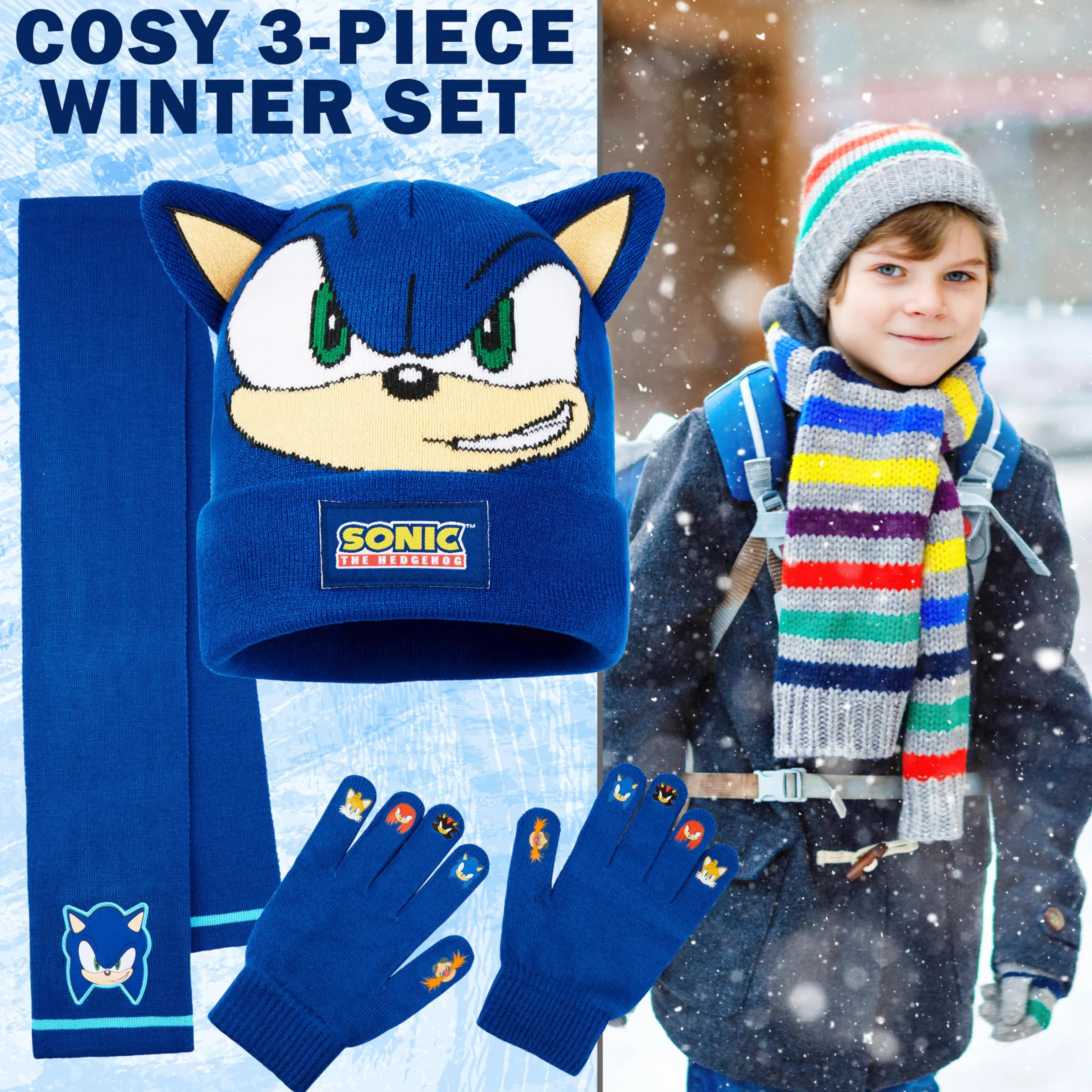 Get Trend SONIC THE HEDGEHOG Conjunto Bufanda Gorro y Guantes Niño, Accesorios de Invierno Cálido para Fans, Regalo para Gamers