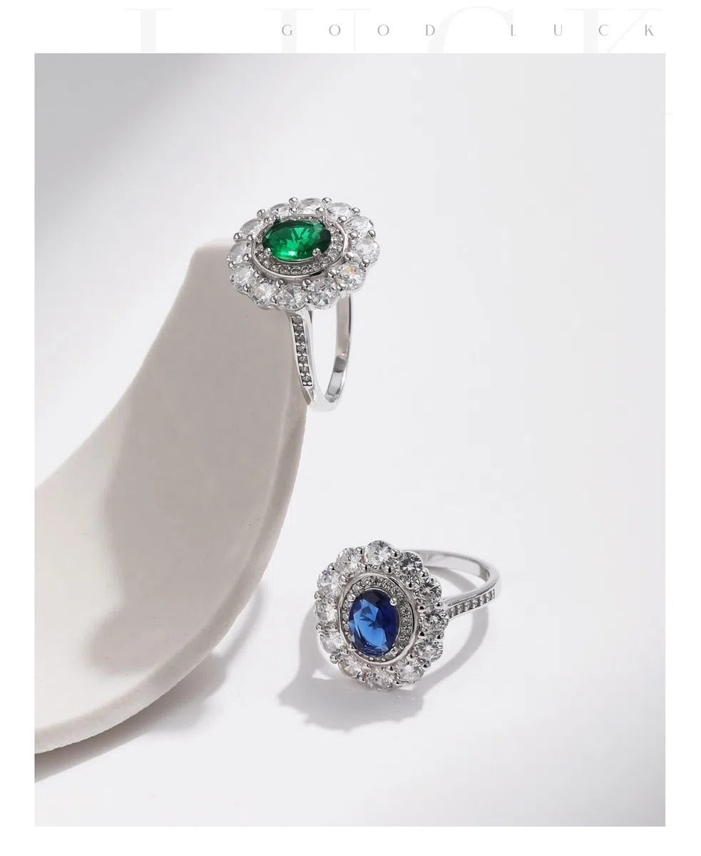 Anillos de boda de oro blanco, anillos para mujer, dedo medio, ovalado, con esmeralda fabricada en laboratorio
