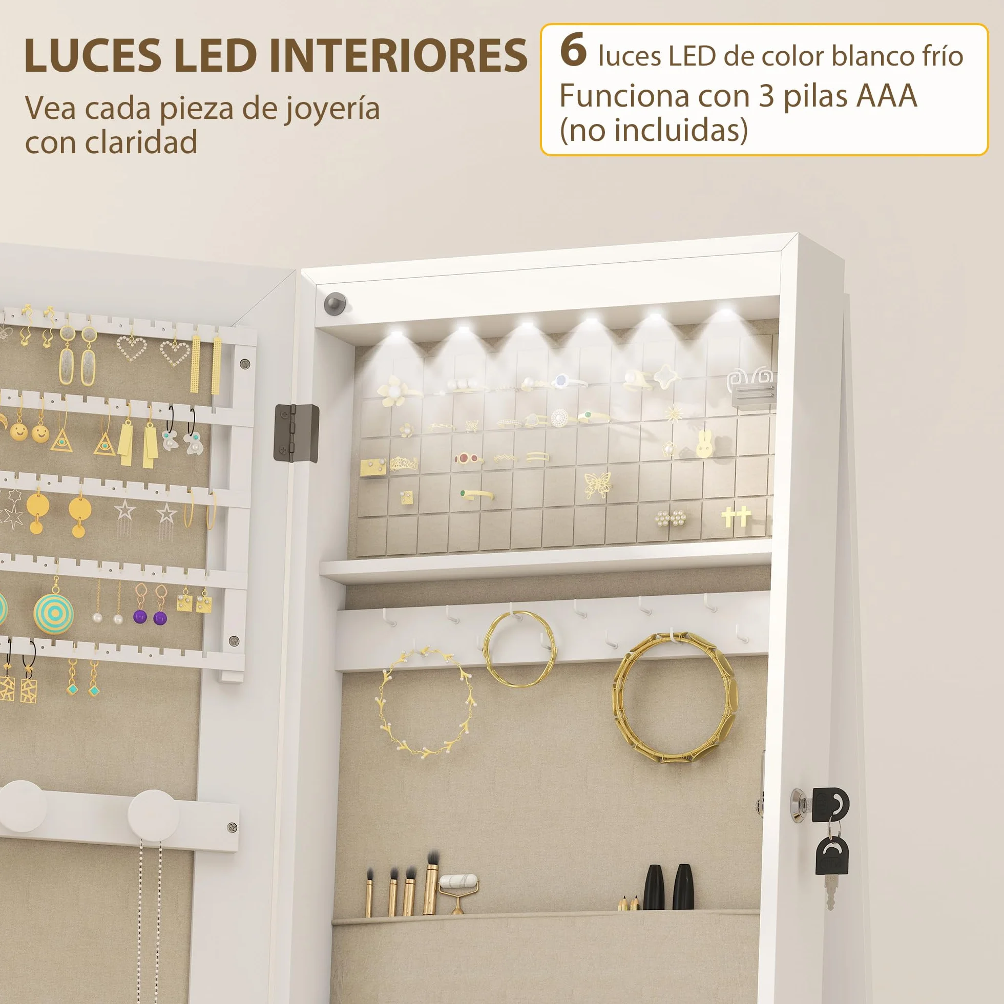 HOMCOM Espejo Joyero con Luces LED Interior, Armario para Joyas con Ruedas, Armario Joyero con Espejo Entero, Giratorio de 360°, Estantes Abiertos, Cajones de Tela, Blanco y Forro Crema
