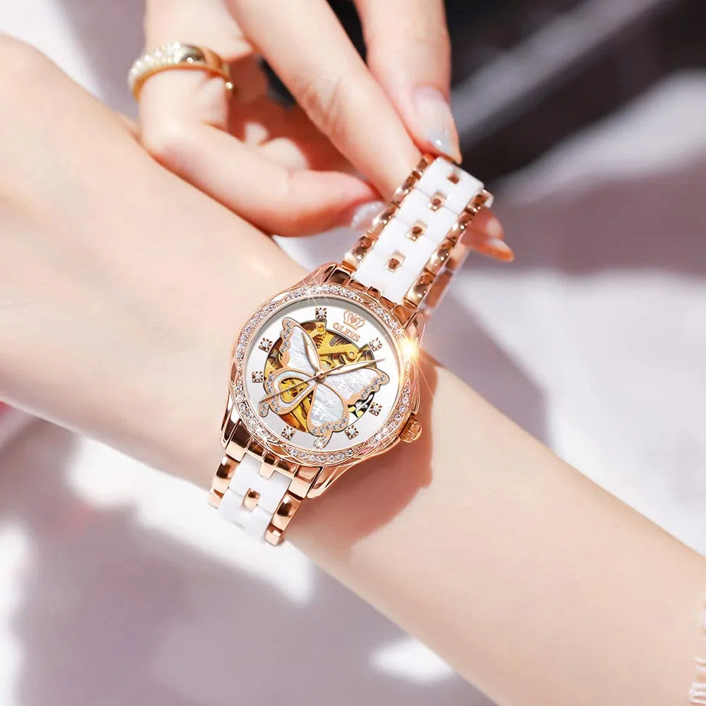 OLEVS Relojes automáticos para mujer, oro rosa, vestido de diamantes de moda, reloj de pulsera mecánico de dos tonos, correa de cerámica impermeable luminosa, juego de regalo, Esfera de mariposa