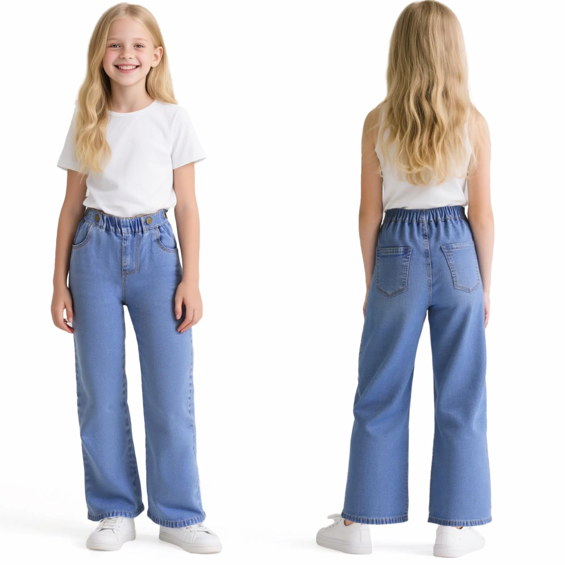 Jeans para Niñas, Holgados de Pierna Ancha Vaqueros Casual Pantalones con Cintura Elástica, Largos Stretch Azul Denim Jeans con Bolsillos Moda Infantil Pants para 6-14 años