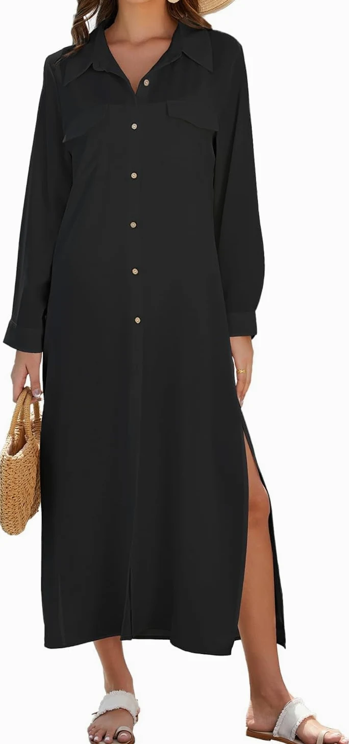 Bsubseach Traje de baño para mujer, manga larga, con botones, vestido de playa, kimono
