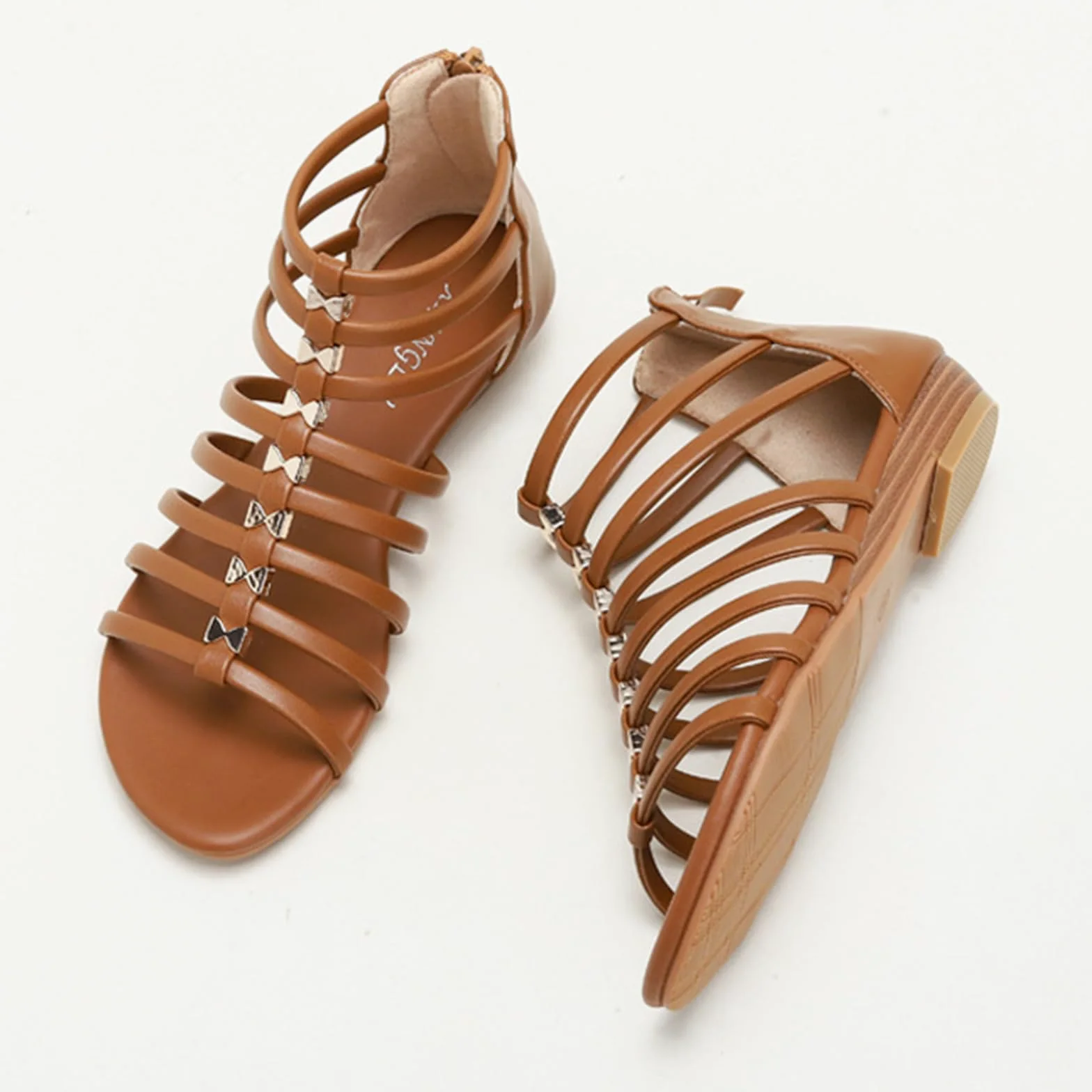 Sandalias romanas cuña punta redonda abierta zip trasero | Detalles tachuelas, tiras múltiples, suela goma agarre, paseo playa, ropa vacaciones
