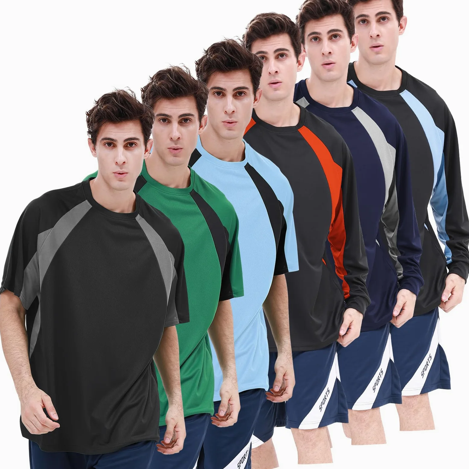 Paquete de 6 camisetas activas de secado rápido con cuello redondo para hombre [3 cortas + 3 mangas largas] para correr, gimnasio, entrenamiento, protección solar