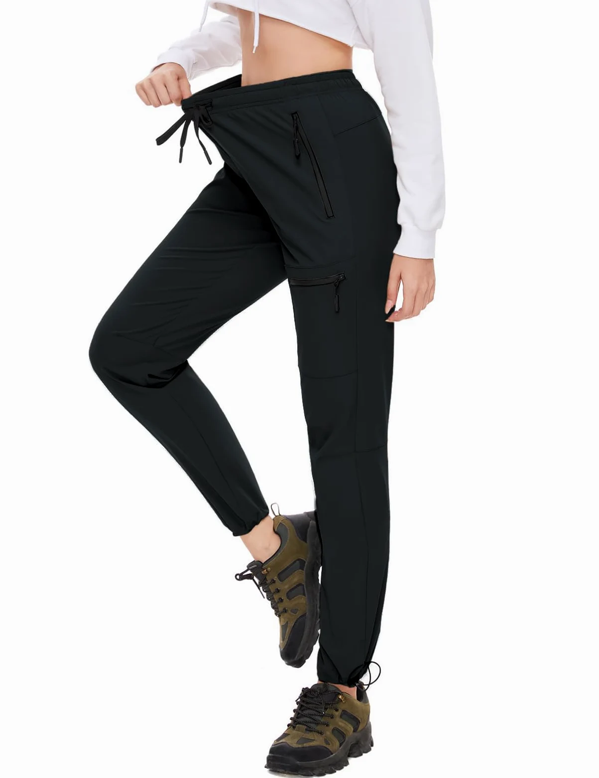 SEVEGO Pantalones de Senderismo para Mujer, Entrepierna Alta, 32, 34 y 36 Pulgadas, Ligeros, 4 Bolsillos con Cremallera, Resistentes al Agua, Negro -, L / 36L
