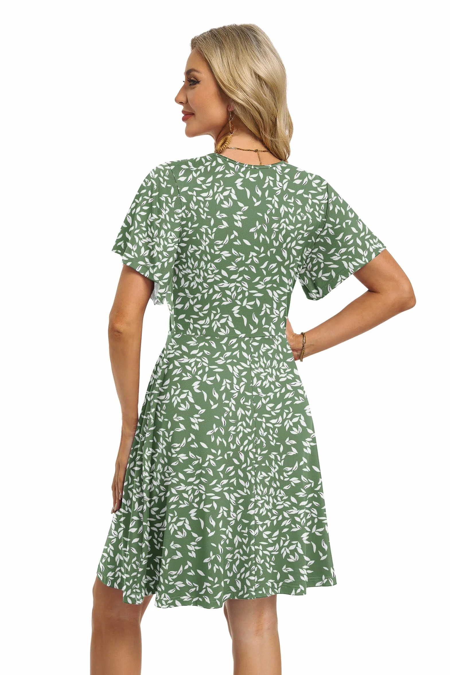 PLMOKEN Vestido de Verano para Mujer Sexy Cuello en V Manga Volantes Bolsillos