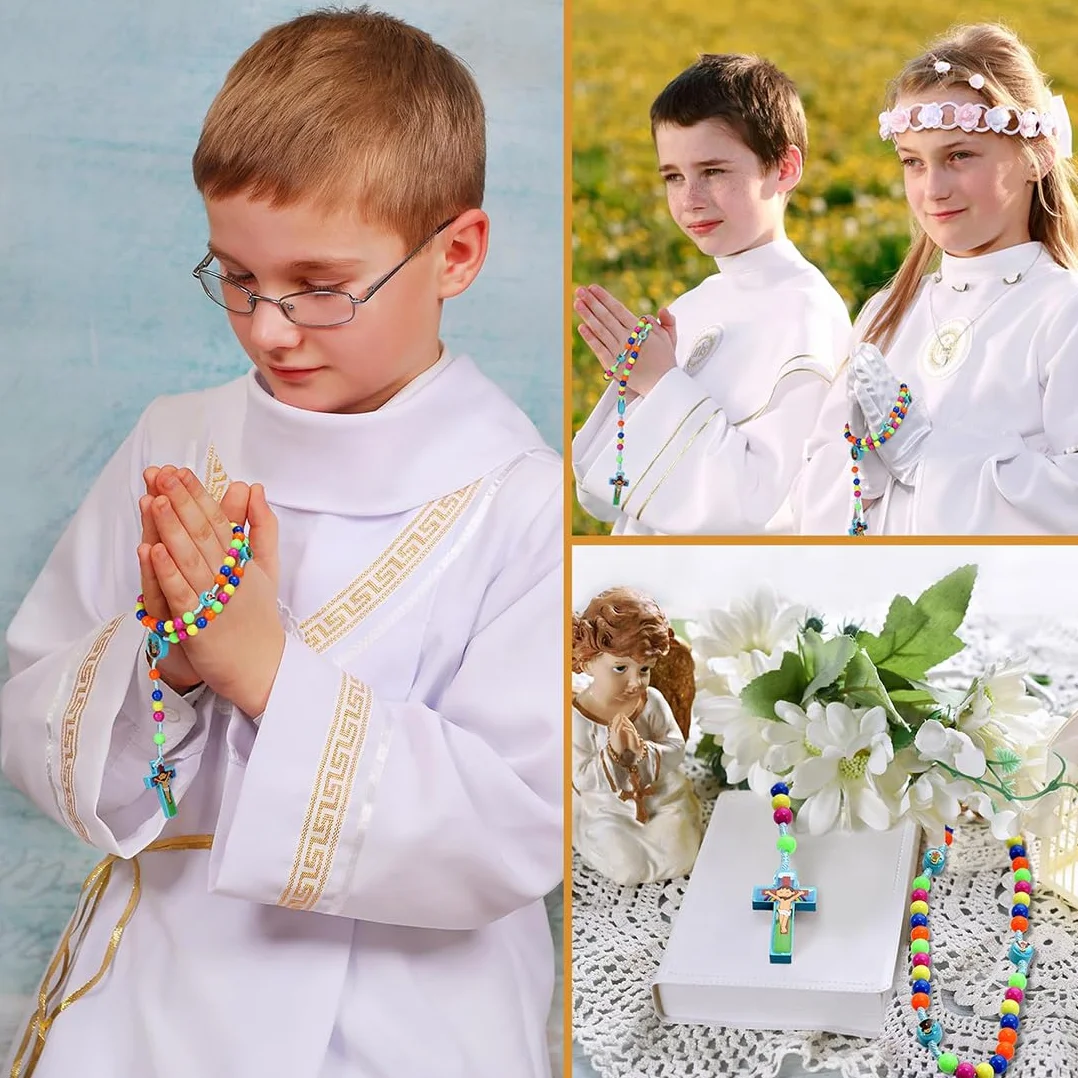 2 Piezas Juego de cuentas de rosario colorido para aprender a rezar, rosario infantil con bolsa de regalo de terciopelo para Navidad, Pascua y bautizos católicos