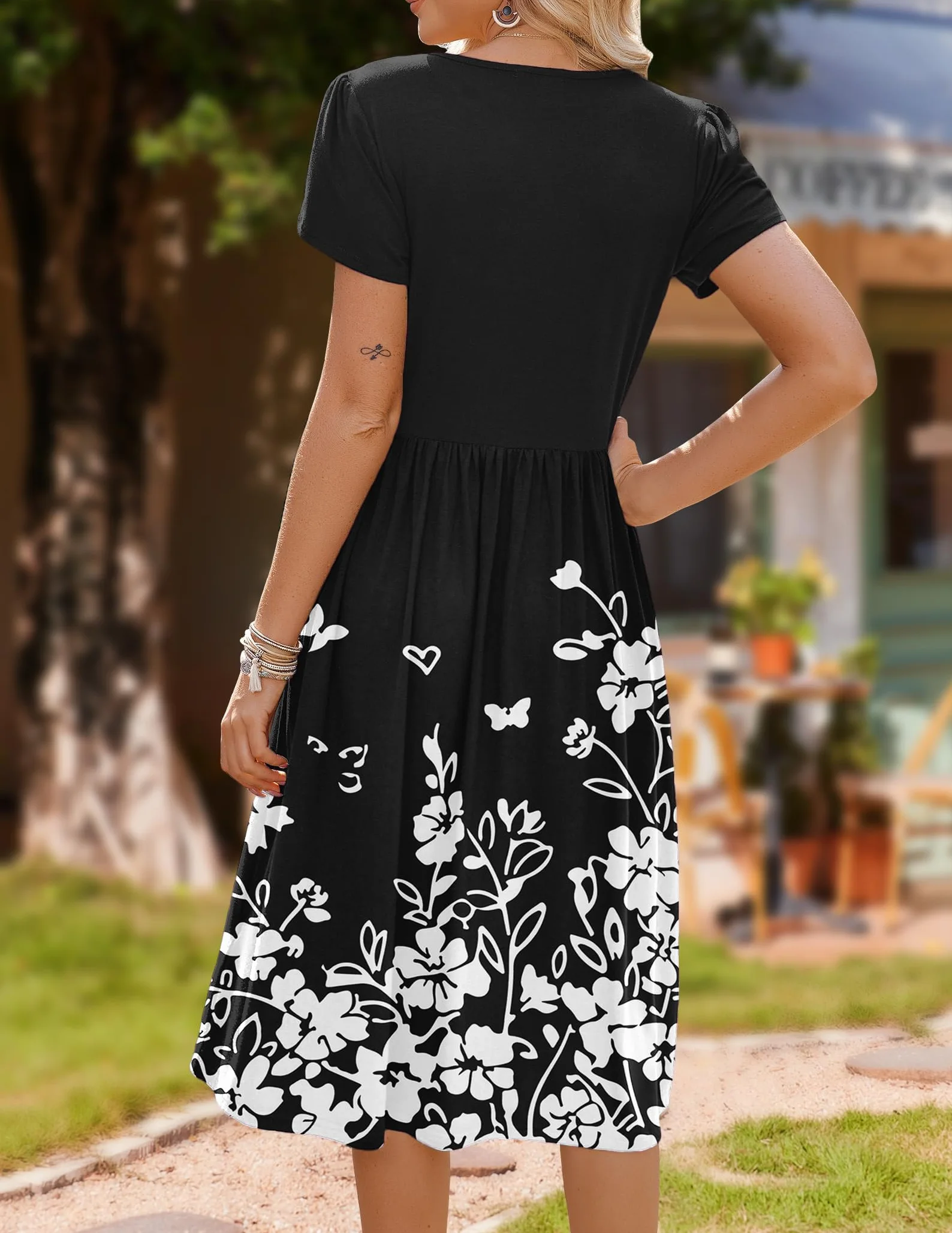 Zeagoo Vestido de Verano para Mujer Cuello Redondo Casuales Cortas Mangas Vestidos Midi Vestido de Playa Estampado de Flores con Bolsillos S-XXL